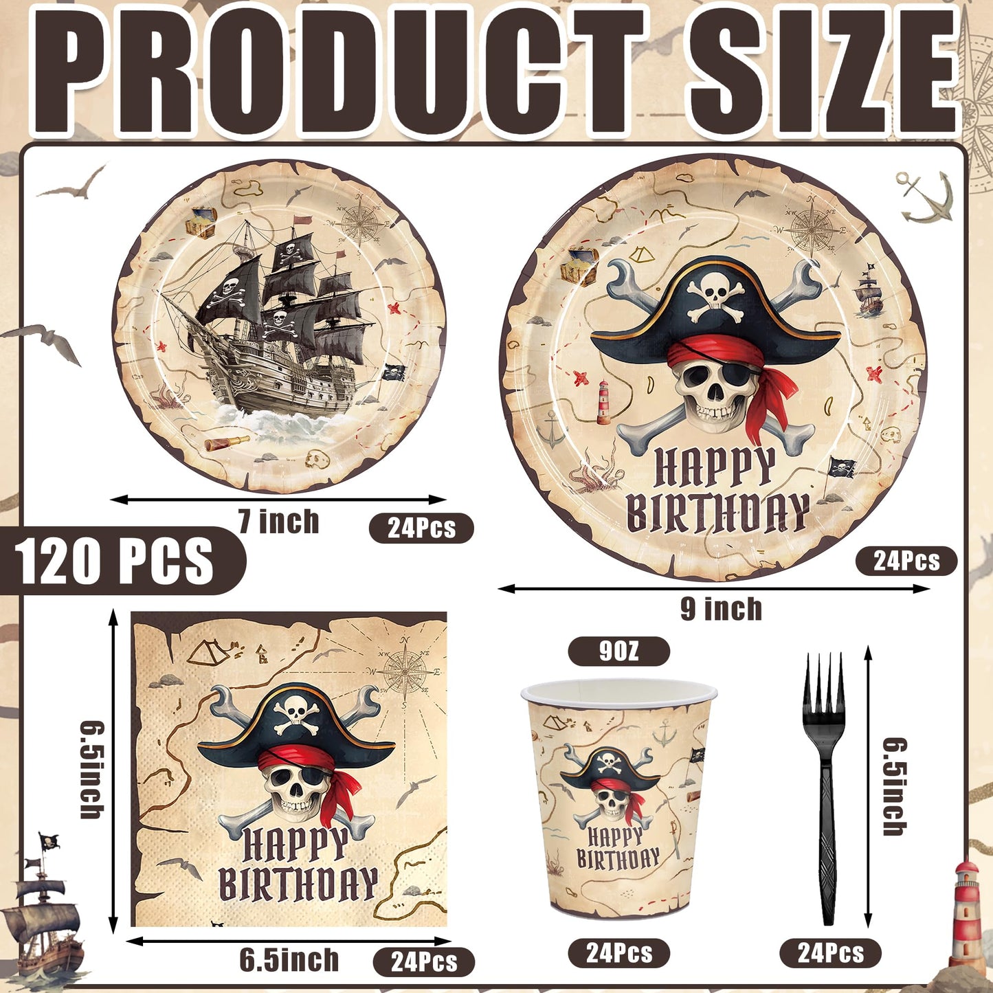 120pcs Pirate Party Supplies Pirate Birthday Plates and Napkins With Paper Cup Treasure Map Napkins Adventure Party Supplies for Pirate Birthday Party Disposable Tableware Set Serve 24 Guests