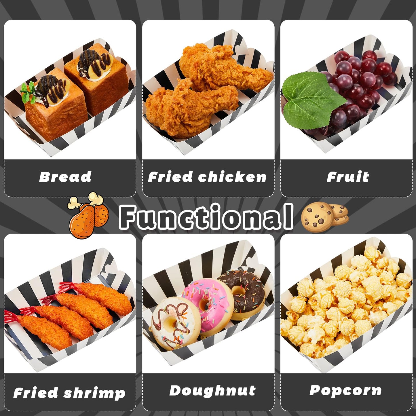 Yaomiao 100 Pcs Striped Paper Food Trays Carnival Paper Boats for Food Nacho Hot Dog Disposable Plates Disposable Serving Trays for Carnivals Fairs Festivals Picnics(Black)