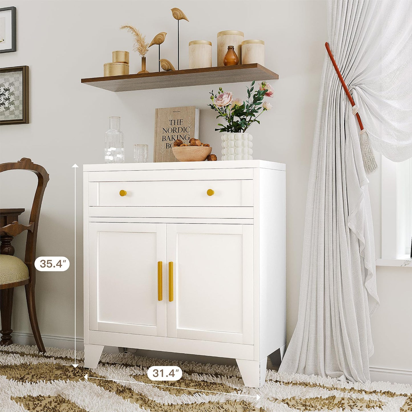 YAUWOH Metal Sideboard Cabinet with Big Drawers,Farmhouse Coffee Bar with One Adjustable Shelves,Buffet Cabinet,Metal Storage Cabient for Kitchen, Dining Room, Entryway, White