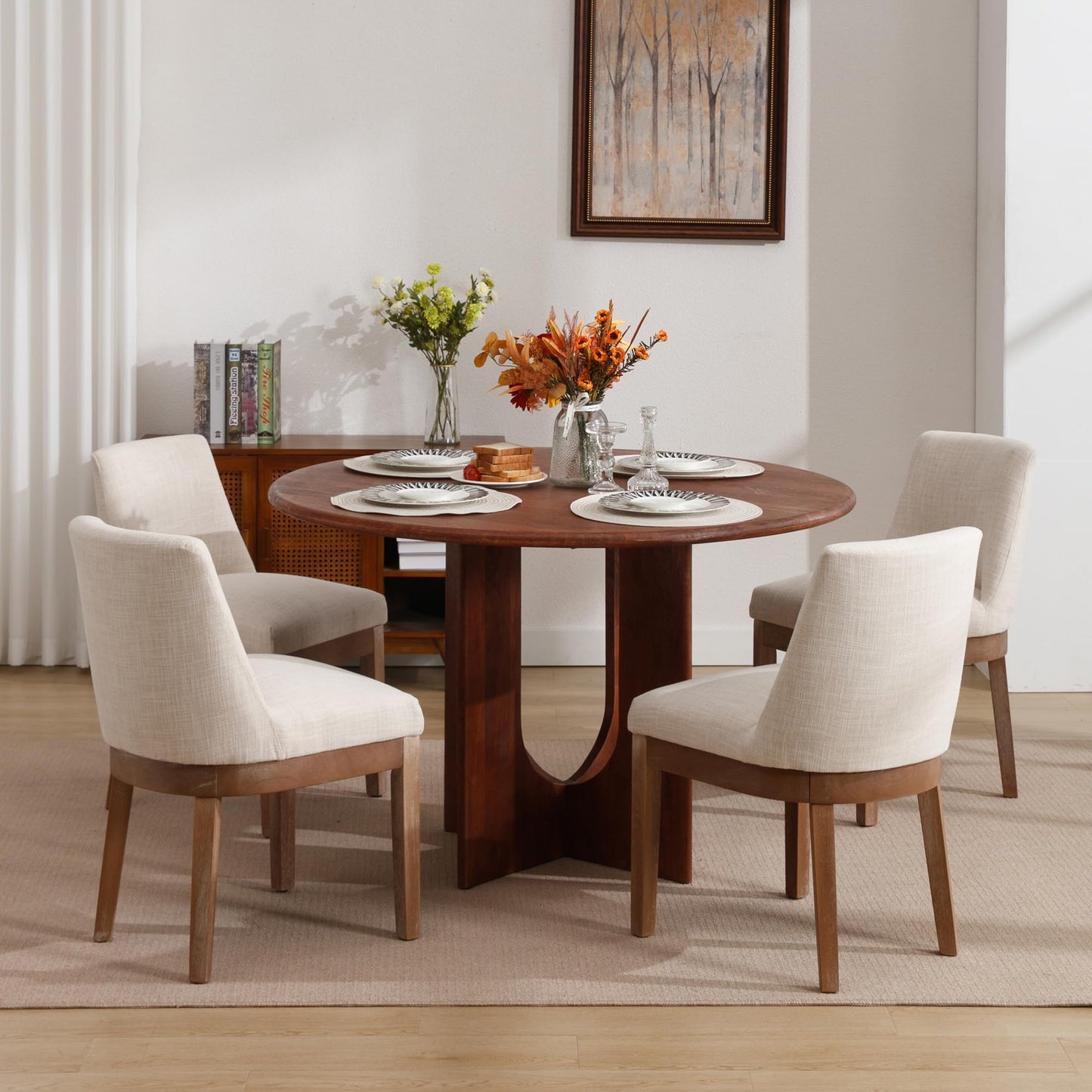 Wahson Modern Dining Chairs Set of 2, Curved Backrest Dining Chairs, Side Chairs with Natural Solid Wood Legs, Upholstered Fabric Dining Room Chairs for Dining Room Kitchen, Beige