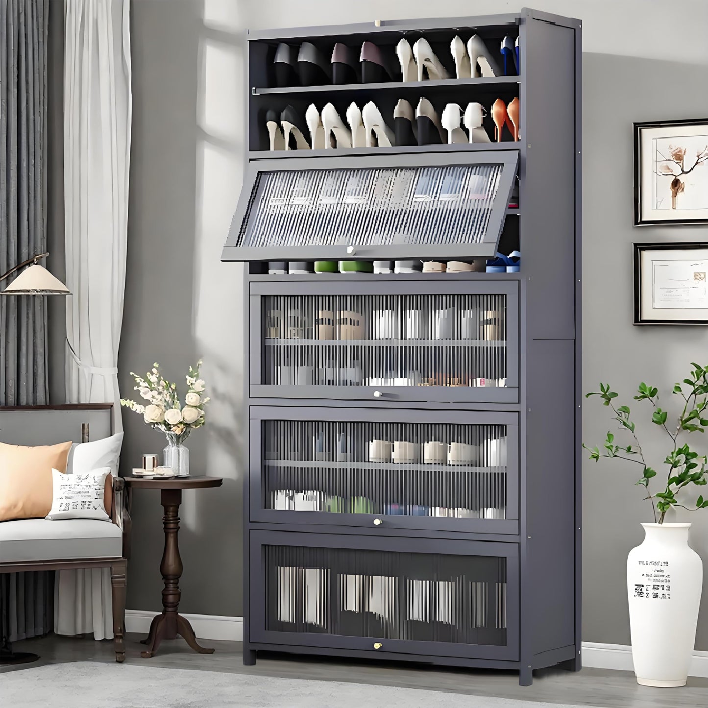 Voclym Tall Shoe Cabinet with Clear Doors, Large Capacity Bamboo Shoe Cabinet, 40-45 Pairs Shoe Rack Organizer for Closet Entrance, Hallway, Living Room, Bedroom