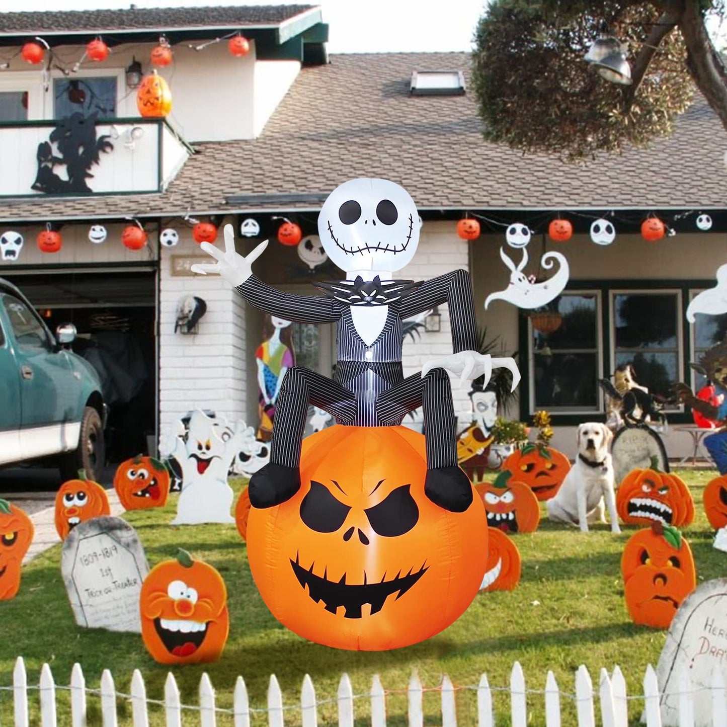 6Ft Inflatable Halloween Yard Decoration - Outdoor Blow Up Skeleton & Pumpkin Decoration - Built-in LED Lights for Halloween Lawn Outdoor Decoration