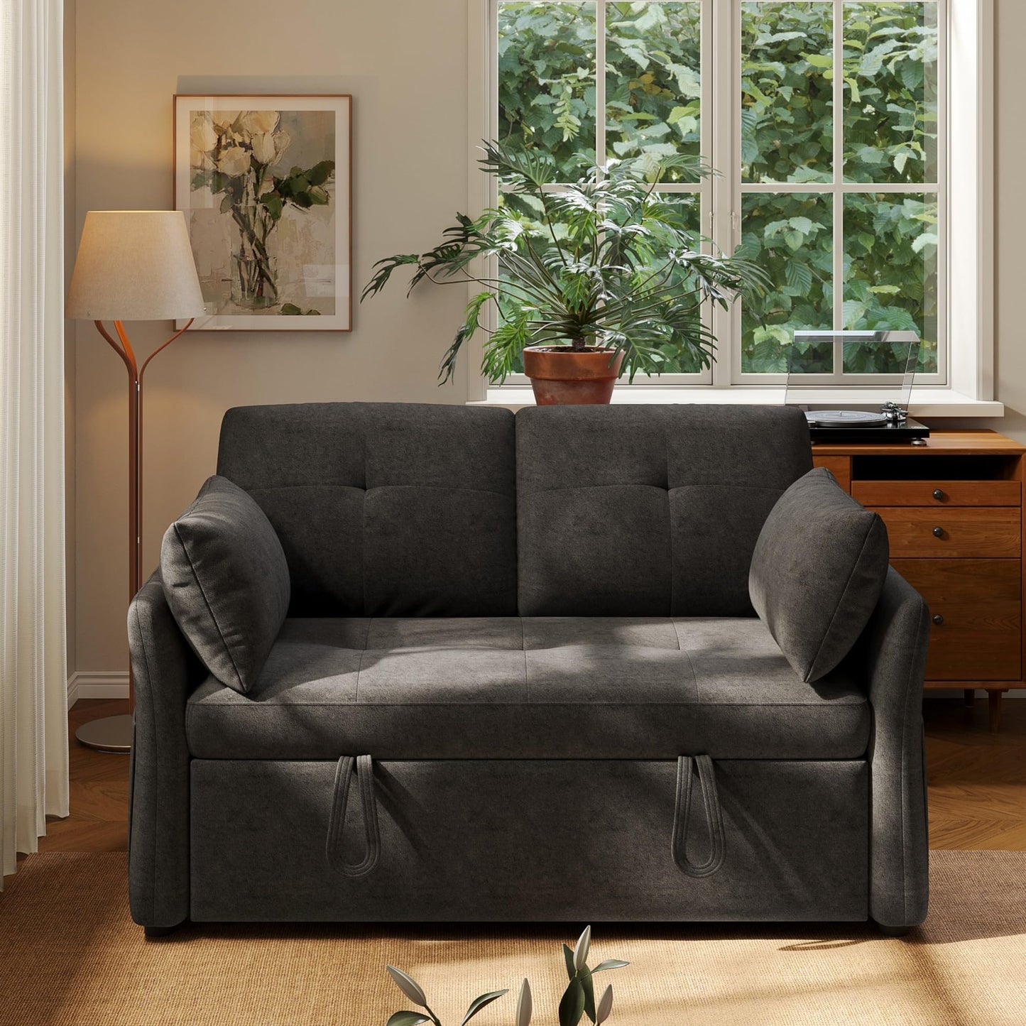 3 in 1 Convertible Sleeper Sofa Bed Tool-Free Assembly, Adjustable Backrest Velvet Pull Out Couch, Small Loveseat Sectional Sofa Bed with Side Pocket, Futon Couches for Living Room, Bedroom, Black