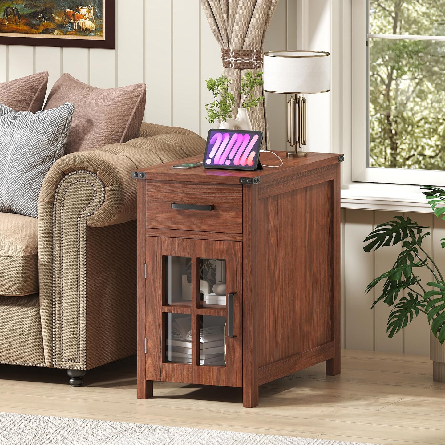 VVFLU Farmhouse End Table with Charging Station and 1 Storage Cabinet, 1 Drawer, Cherry Wood Nightstand Narrow, Skinny Side Table, Slim Bedside Table, Small Nightstand for Bedroom, Living Room, Sofa