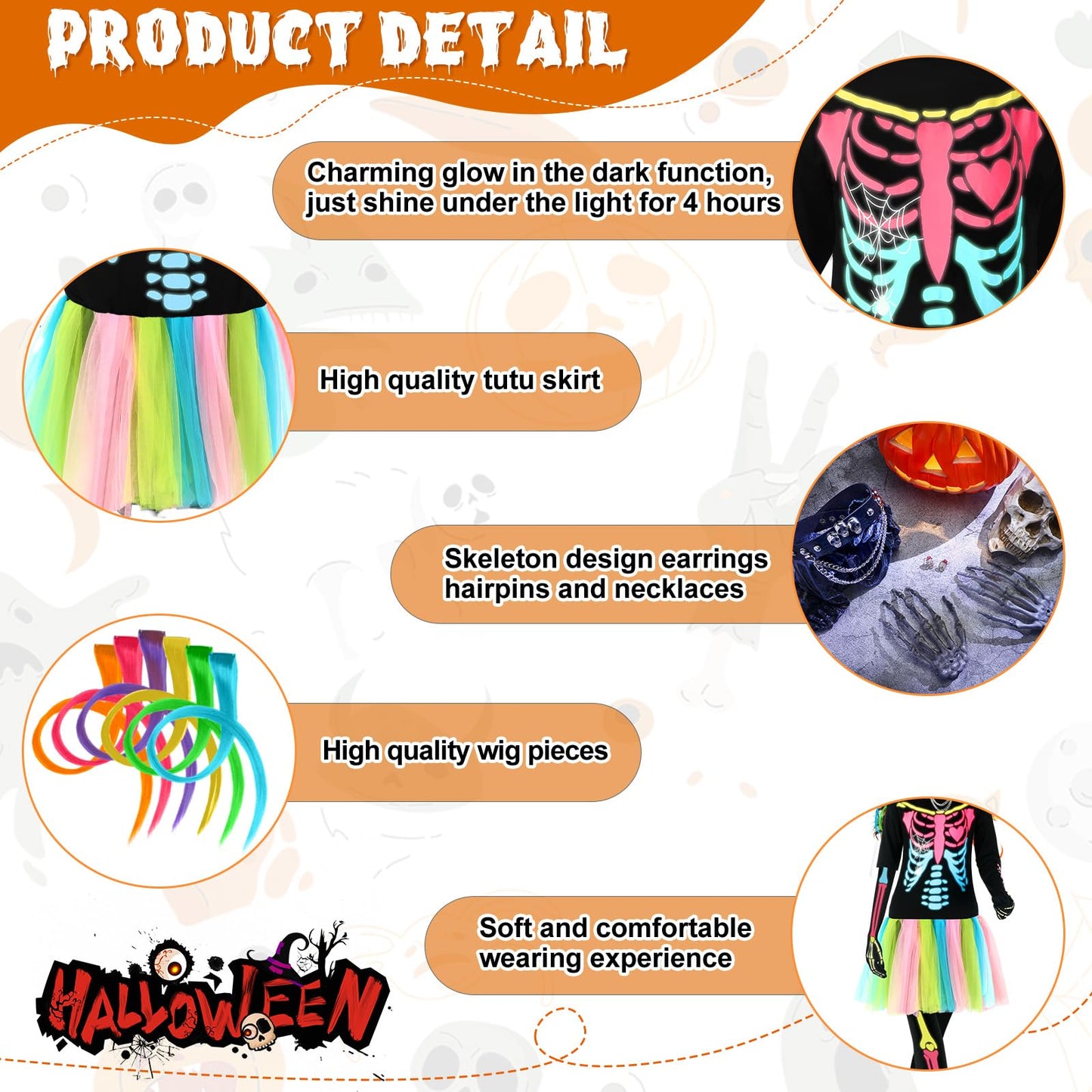 13 Pcs Halloween Glow in The Dark Skeleton Costume for Women Adult Set Funky Punk Bones Colorful Tutu Dress Hairpiece(M)