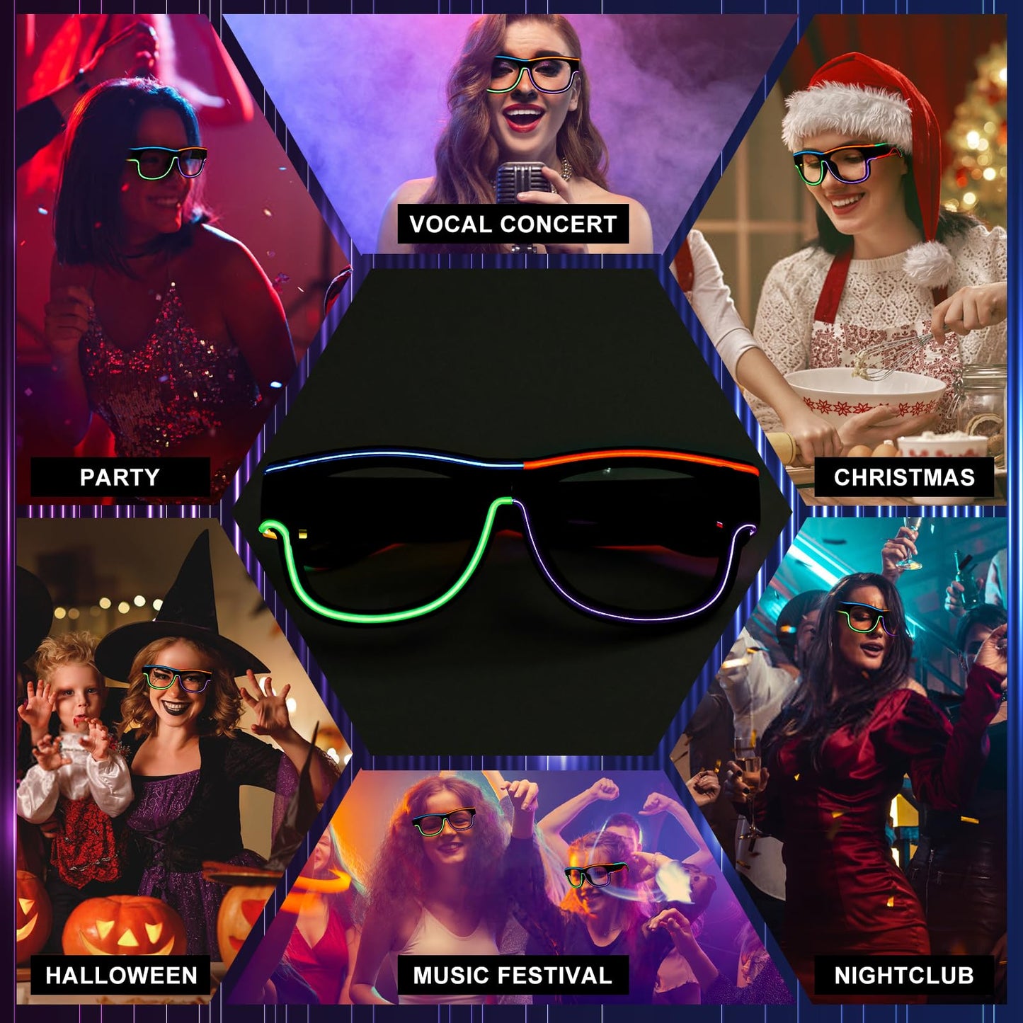 XGOOD LED Glasses Multi-Color (8 Colors) Light Up Glasses w/o Cable Neon Glow Glasses for KTV, EDM, Rave Parties and Cosplay (Black Frame & Lens)