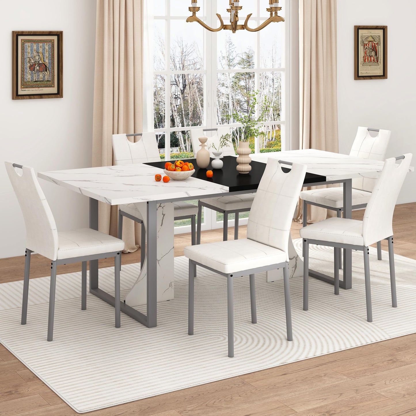 7PCS Dining Table Set for 4 5 6 People, 71" Large Long Wooden Kitchen Table with 6 Chairs (White+Black, 71IN Table+6 PCS Chairs)