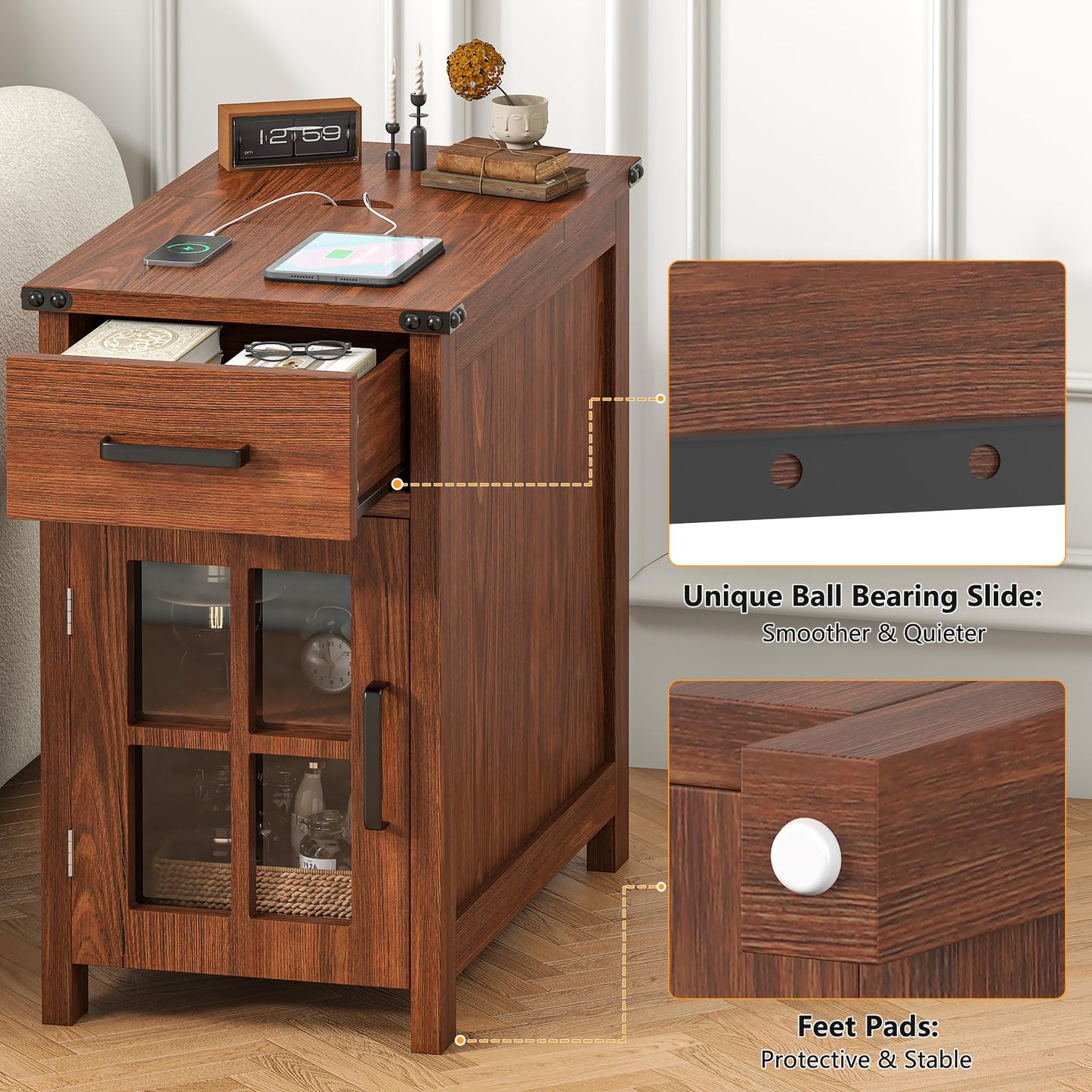 VVFLU Farmhouse End Table with Charging Station and 1 Storage Cabinet, 1 Drawer, Cherry Wood Nightstand Narrow, Skinny Side Table, Slim Bedside Table, Small Nightstand for Bedroom, Living Room, Sofa