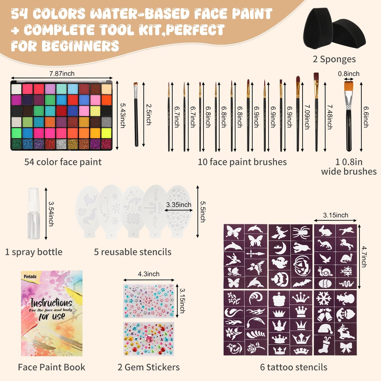 54 Color Face Painting Kit for Kids - Non Toxic Water Activated Face Paint Palette with Book, Stencils, Brushes, Gems & Glitter. For Halloween, Carnival, Party; Costume Makeup for Creative Activities