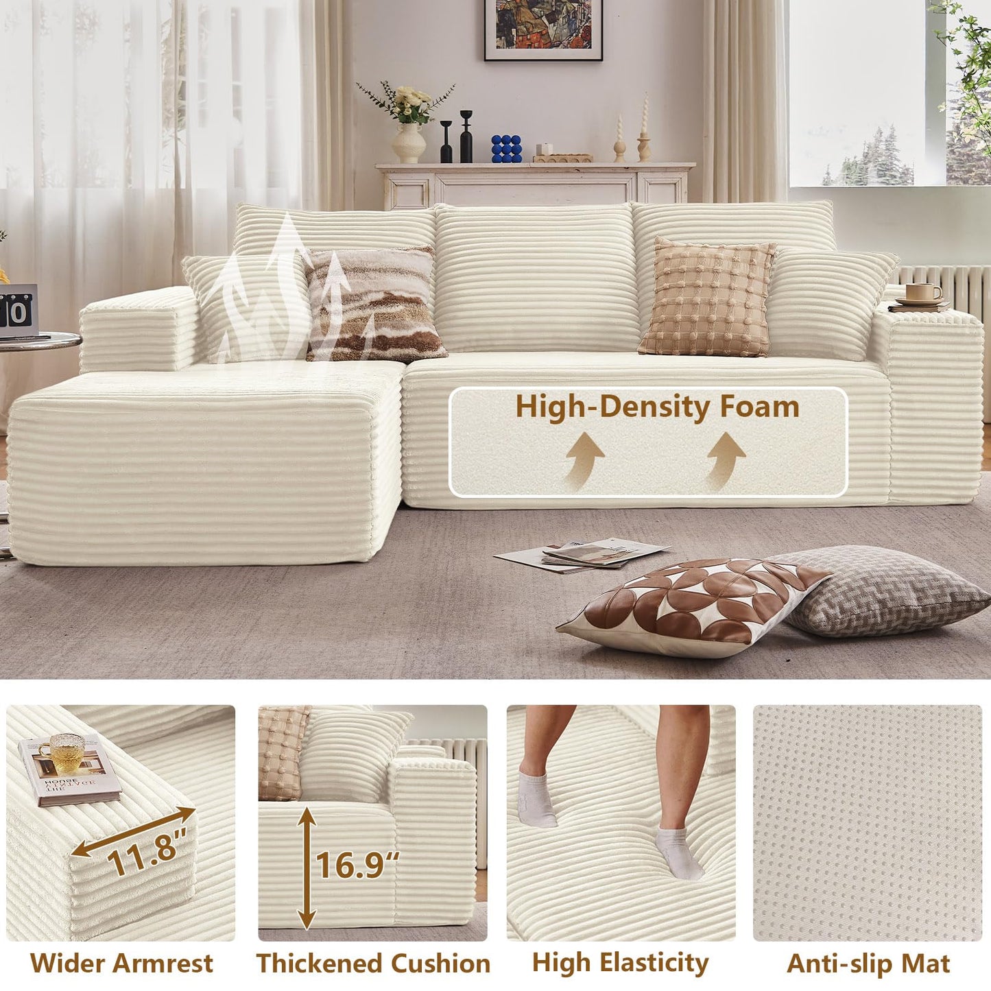 107" Cloud Sectional Couch with L-Shape Chaise, Modern Modular Comfy Sofa with Deep Seat, Upholstered Corduroy Couches Sleeper Chaise Longue for Living Room Bedroom, No Assembly Required, White