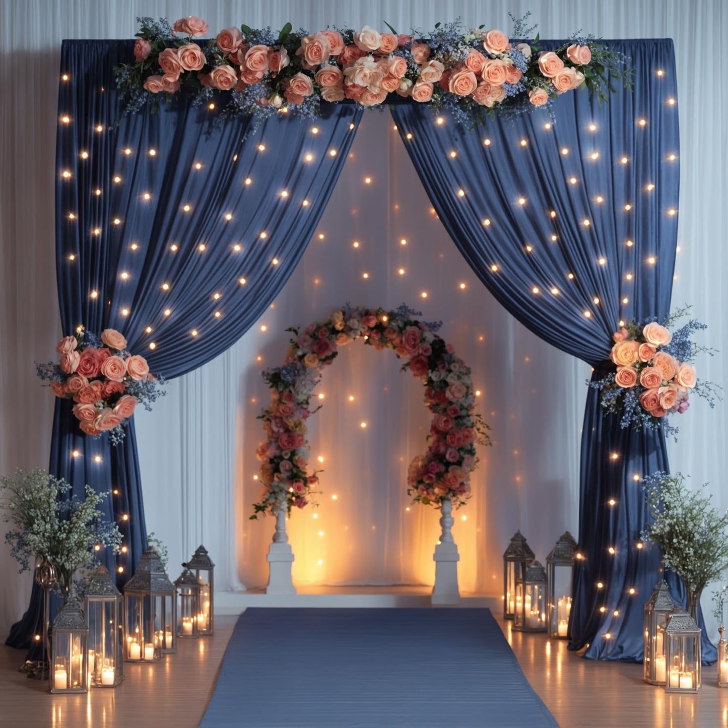 10x10ft Navy Blue Backdrop Curtains with Lights String for Baby Shower, Wrinkle Free Curtains Backdrop for Birthday Party, Polyester Backdrop Drapes for Wedding Photo Shoot (5 x 10ft,2 Panels)