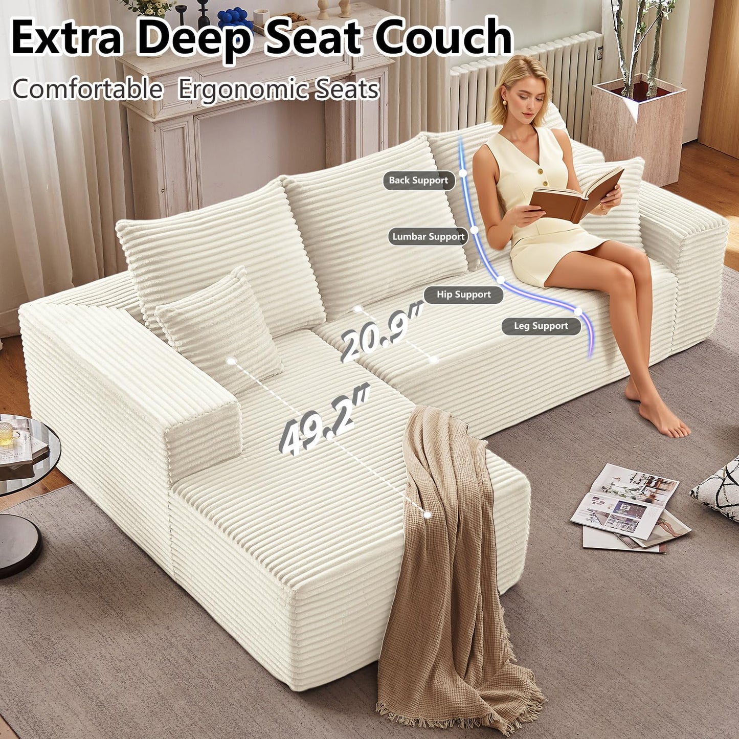 107" Cloud Sectional Couch with L-Shape Chaise, Modern Modular Comfy Sofa with Deep Seat, Upholstered Corduroy Couches Sleeper Chaise Longue for Living Room Bedroom, No Assembly Required, White