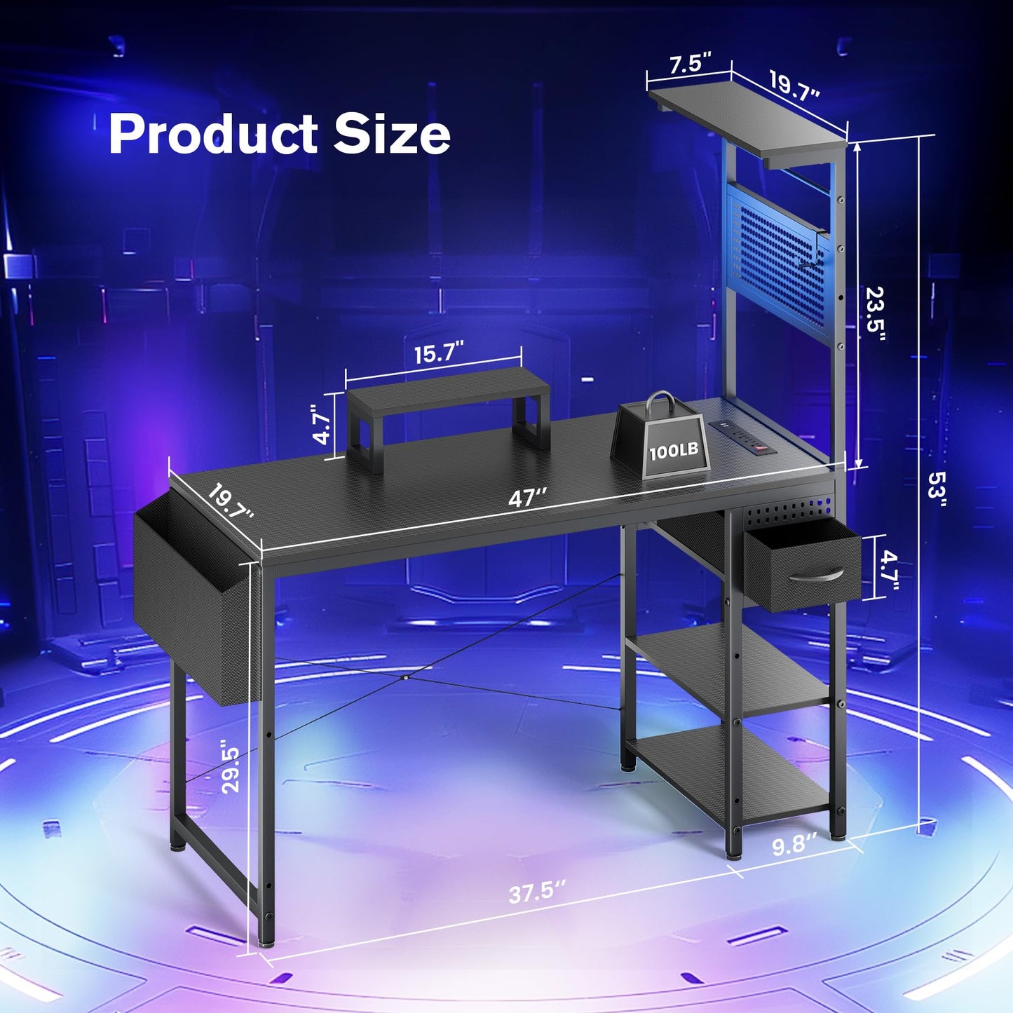 47 Inch Gaming Desk, Computer Desk with Adjustable Storage Rack & LED Lights, PC Gaming Desk with Mini DIY Pegboard, Drawer and Power Outlets for Gaming Room,Carbon Fiber Black