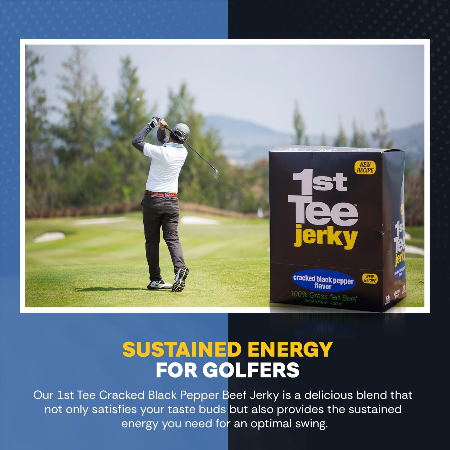 1st Tee Cracked Black Pepper Beef Jerky made with grass-fed beef jerky, 13 grams proteins and one gram fat per serving 2.5oz