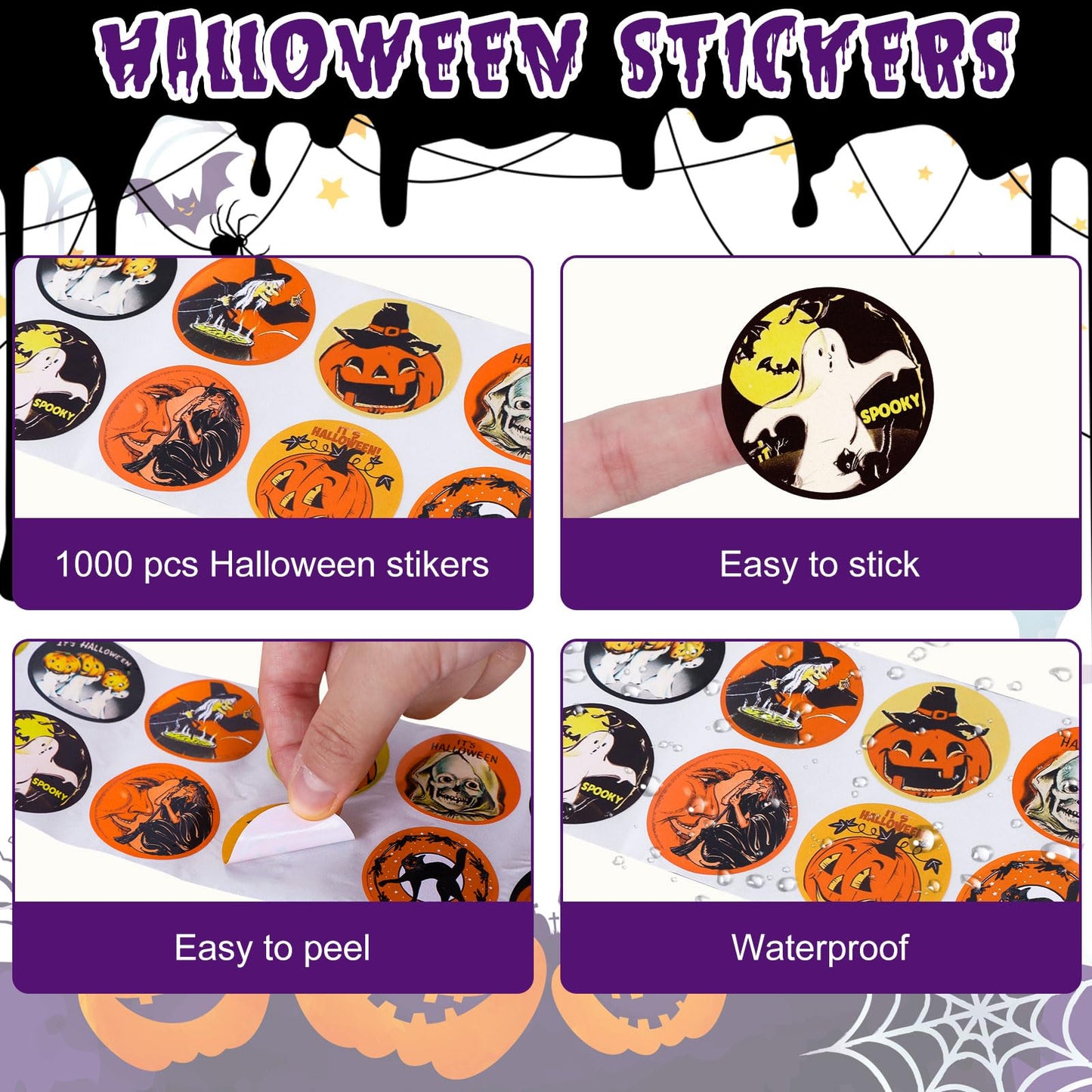 Whaline 1000Pcs Halloween Stickers Roll Retro Halloween Characters Decal Sticker Grimace Pumpkin Witch Ghost Pattern Sealing Labels Round Adhesive Sticker for Halloween Party Favors Decor, 14 Design