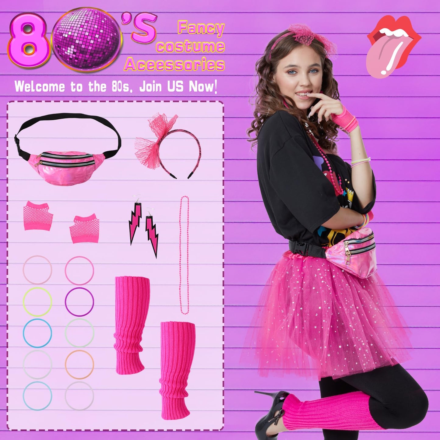 80s Outfits Costume Accessories for Women- 80s T-shirt, 80s Fanny Pack, Tutu Skirt for Halloween Cosplay Retro Theme Party