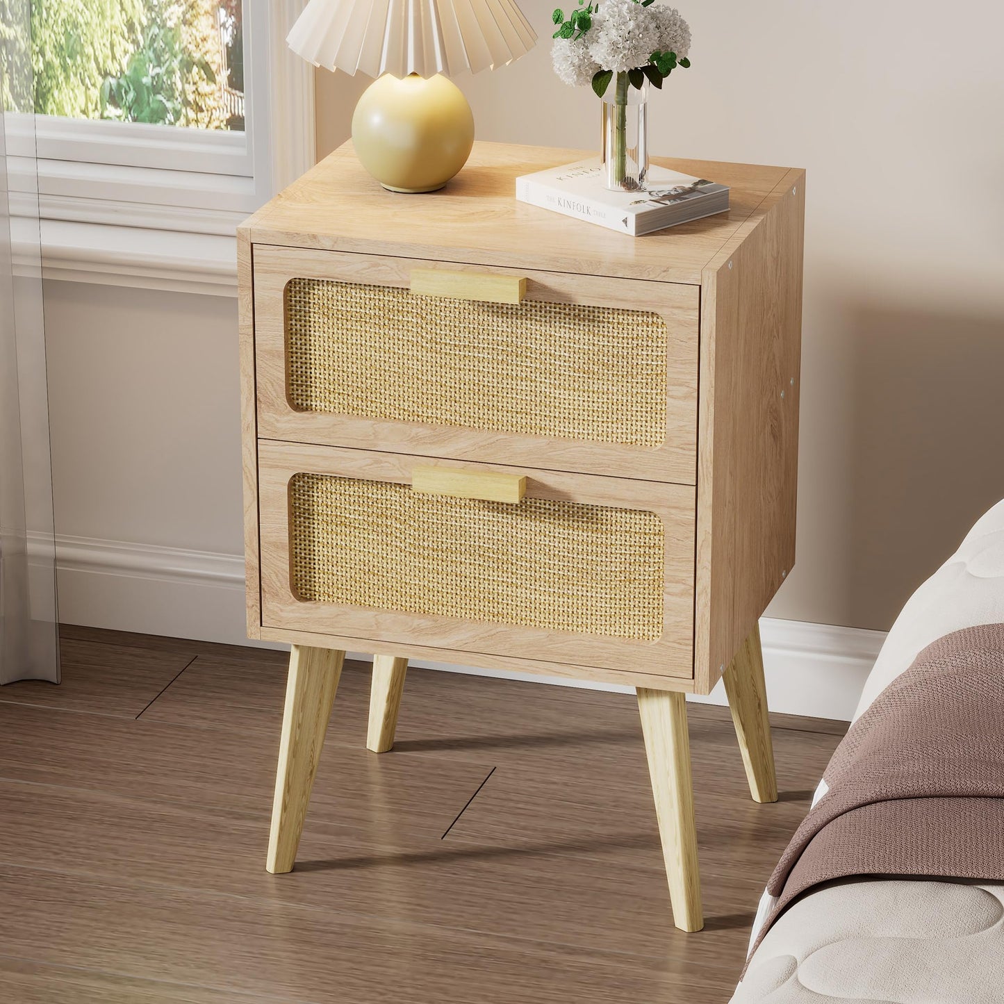 YAUKOMEL Rattan Nightstand,Boho Bedside with Storage,End Table,Side Table with 2 Hand Made Rattan Decorated Drawers for Small Space,Livingroom,Bedroom,Natural 11.8" D x 16" W x 22.4" H CTG59Y