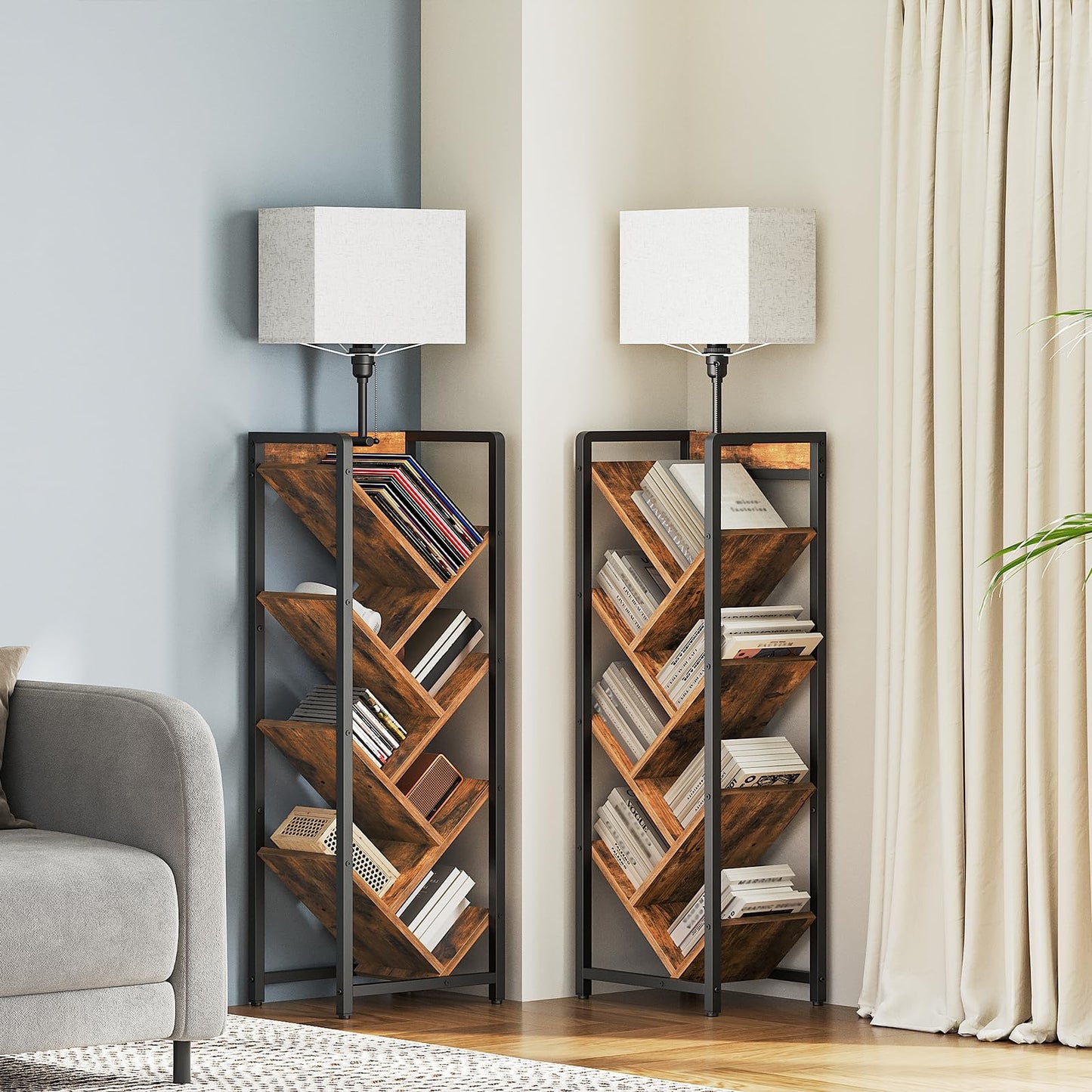 YATINEY Tree Bookshelf with Light, 6 Tier Book Shelf, Wooden Bookcase for Narrow Space, Floor Standing Tall Bookshelf, Industrial Corner Display Shelf, Rustic Brown SJ08DBR