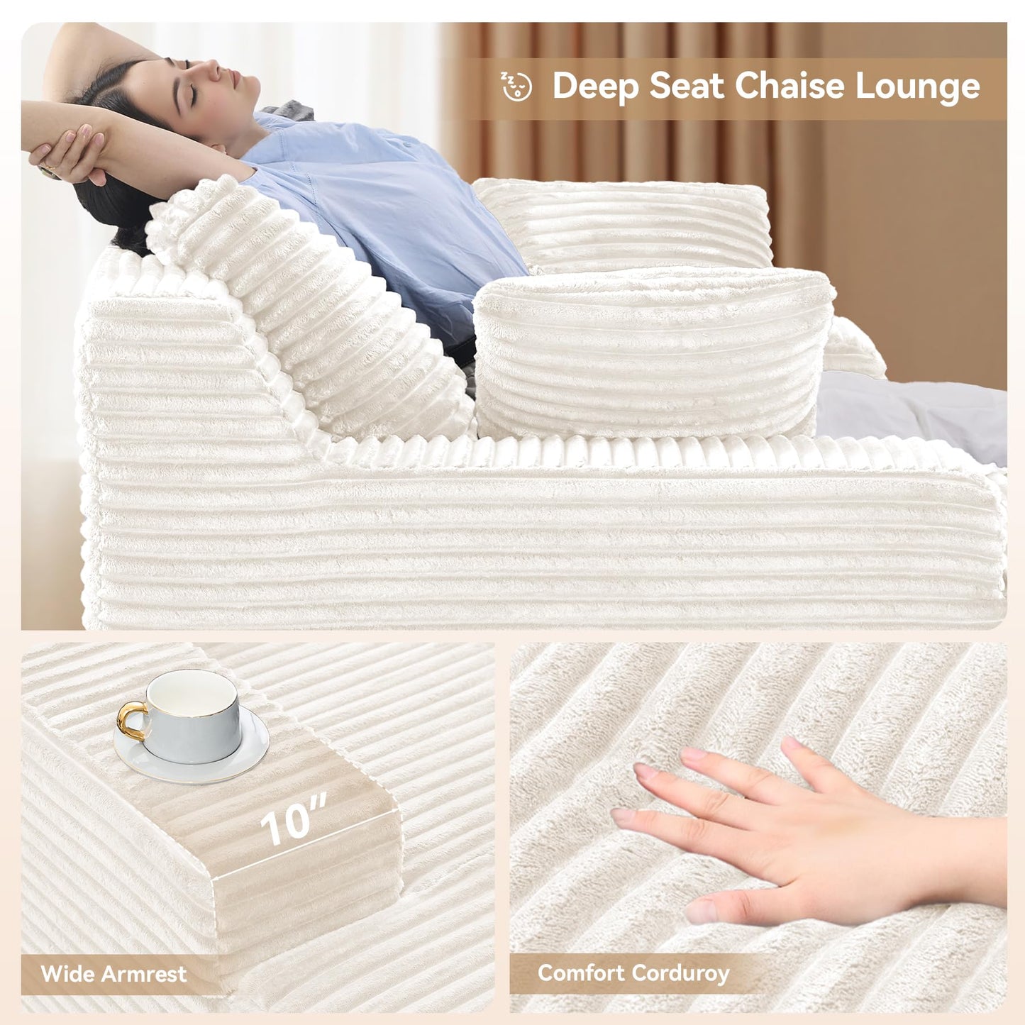 51'' Oversized Chaise Lounge Chair Indoor, Non-Assembly Deep Seat Sofa Bed Corduroy Sleeper Cloud Couch with 2pcs Pillows for Reading Living Room-Beige