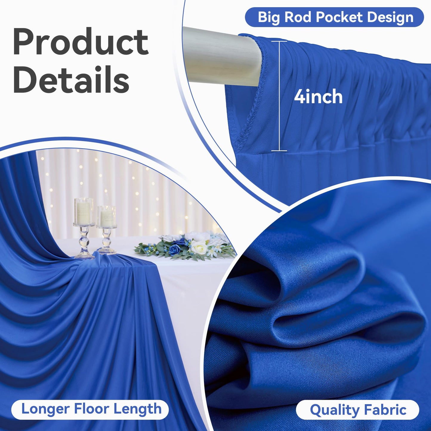 10ftx12ft Wrinkle Free Royal Blue Backdrop Curtain, 2 Panels 12FT Height Royal Blue Wedding Backdrop Drapes, Silky Polyester Back Drop Cloth for Birthday Photography Background Party Backdrop Draping