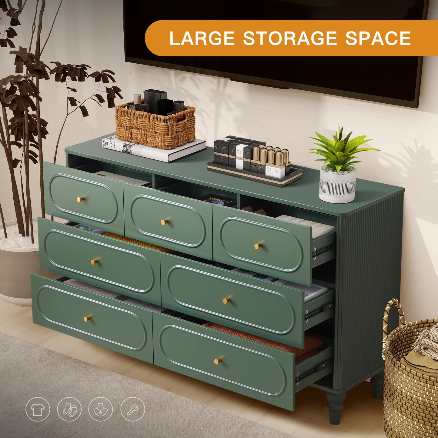 7 Drawer Fluted Dresser for Bedroom, Mid Century Modern Chest of Drawers, Wood Storage Large Dresser Organizer for Bedroom Living Room Hallway Closet, Green