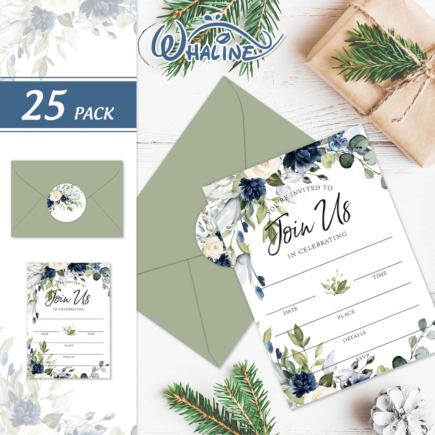 Whaline 25 Sets Floral Invitations with Envelopes Stickers Watercolor Blue Flower Invitation Cards Blank Invites for Wedding Reception Bridal Baby Shower Birthday Dinner Party, 5 x 7 Inch