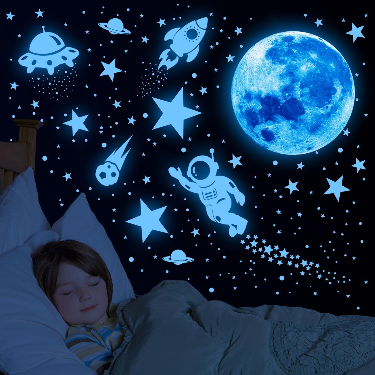 531Pcs Glow in The Dark Stars and Planet Wall Stickers,Galaxy Astronaut Rocket Spacecraft Alien Decoration,Planet Wall Decals,Bright Solar System Wall Stickers for Kids, lanets Spaceship Stars Blue