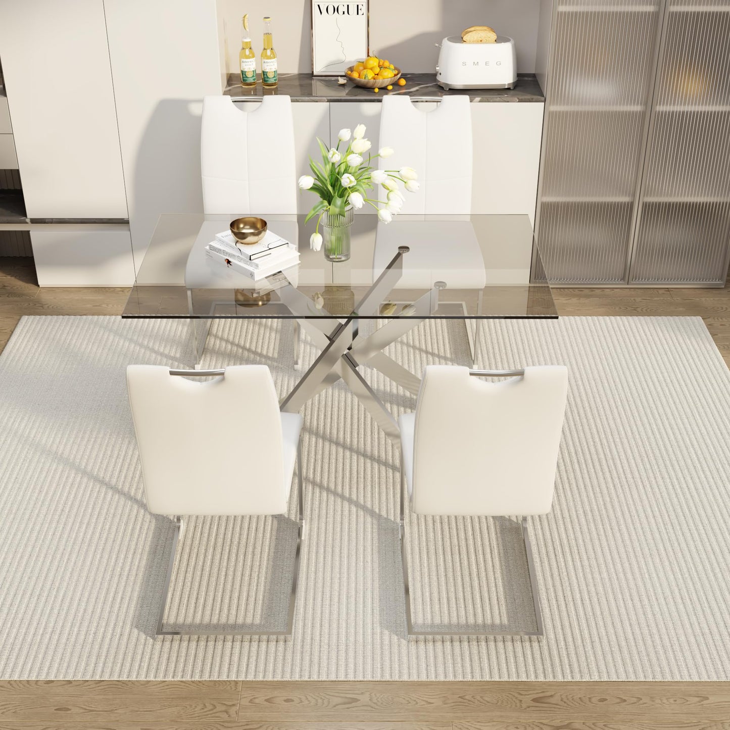 51.18" W Glass Dining Table Set for 4, Modern Rectangular Glass Kitchen Table with Sliver Metal Legs, 4 PU Leather Chairs with Silver Legs, for Dining Room, Home - White