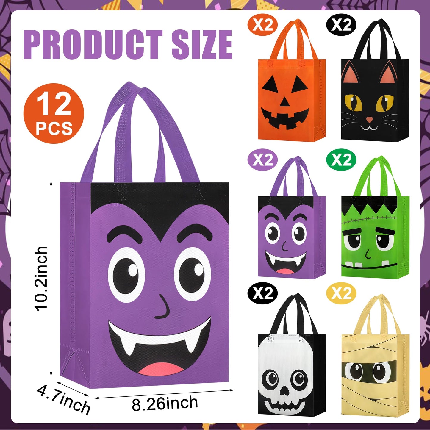 12 PCS Halloween Trick or Treat Bags 10.2 x 8.26 Inch Non-Woven Candy Tote Bag with Handles Reusable Pumpkin Ghost Cat Mummy Zombie Candy Goodie Bags Halloween Party Gift Bag for Halloweens Party Supplies