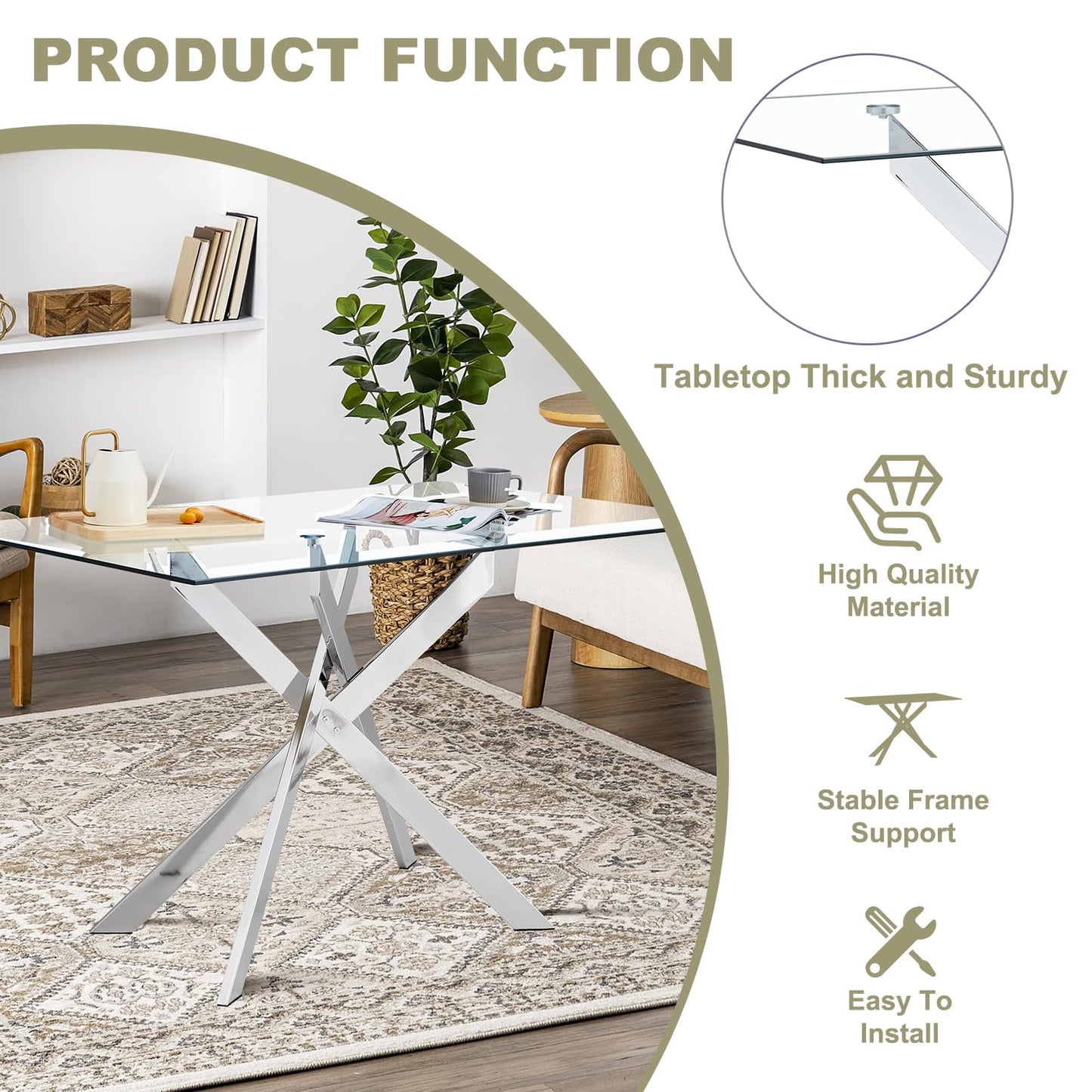 51.18" W Glass Dining Table Set for 4, Modern Rectangular Glass Kitchen Table with Sliver Metal Legs, 4 PU Leather Chairs with Silver Legs, for Dining Room, Home - White