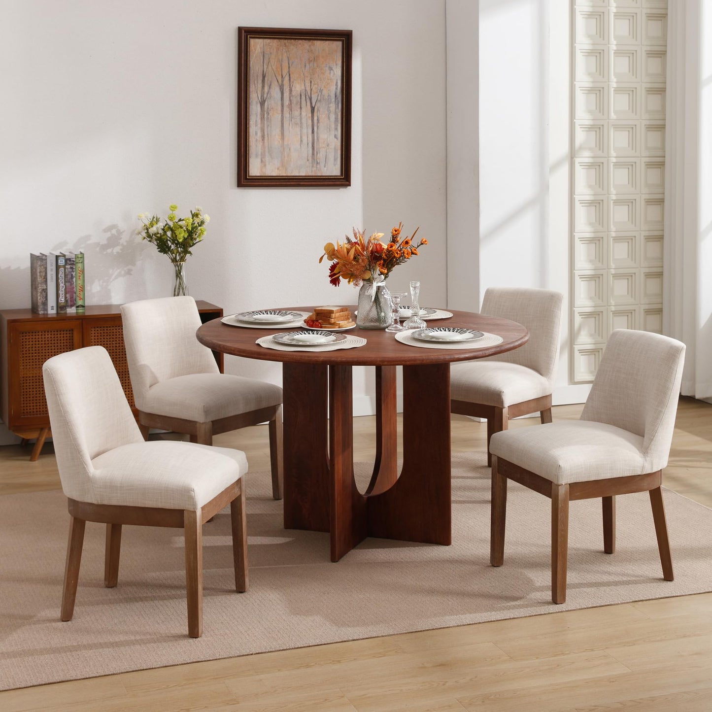 Wahson Modern Dining Chairs Set of 2, Curved Backrest Dining Chairs, Side Chairs with Natural Solid Wood Legs, Upholstered Fabric Dining Room Chairs for Dining Room Kitchen, Beige