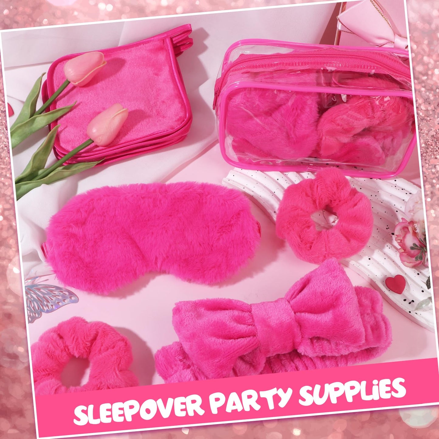 30 Pcs Sleepover Party Supplies for Girls Include 6 Bow Makeup Headband 6 Plush Sleep Eye Mask 6 Velvet Scrunchies 6 Makeup Remover Cloth 6 Clear Cosmetic Bags for Slumber Spa Party Favors Rose Red