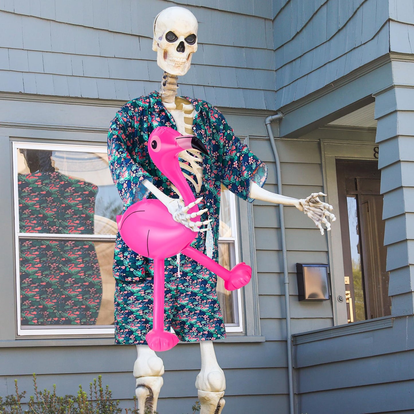 3 Pcs Hawaiian 12 ft Giant Skeleton Costume Accessories Set Includes Tropical Print Vest Shirt Shorts and Inflatable Flamingo for Summer Luau Party Garden Lawn Outdoor Decor (Skeleton Not Included)