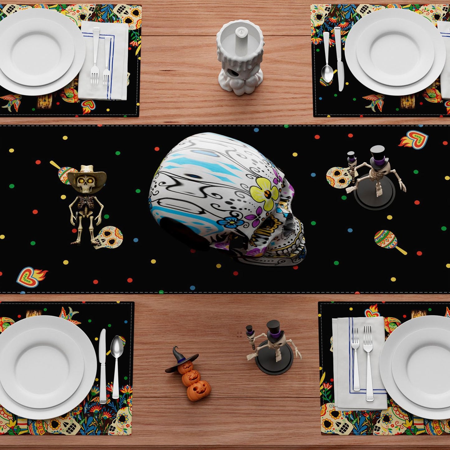 XCHI Cross Sugar Skull Birds Flowers Dia De Los Muertos Table Runner Day of The Dead Mexican Table Decoration for Home Kitchen Dining Holiday Fiesta Themed Party Decor 13x72 Inch