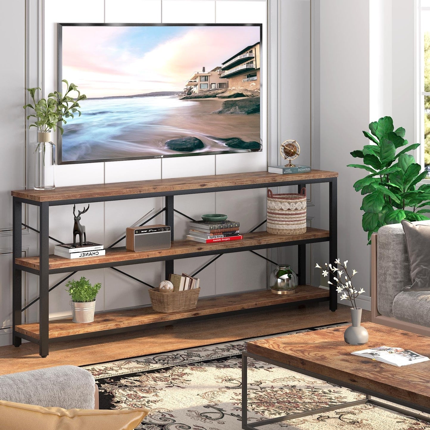 70.8" Extra Long Narrow Console Table Sofa Table Entryway Table with 3 Tiers Storage Shelves Rustic Brown Rustic, Vintage