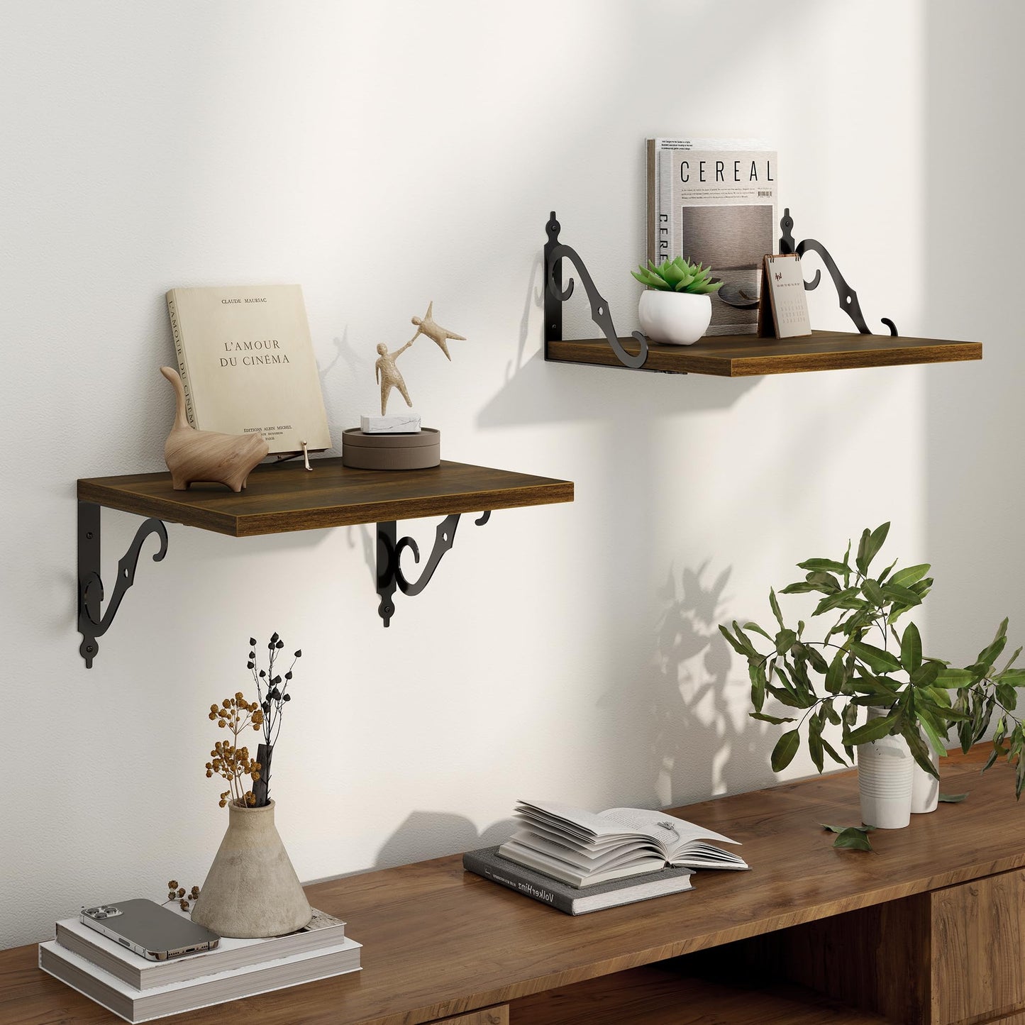 16 Inch Deep Floating Shelves for Wall, 12 Inch Deep Floating Shelf with Bracket, Wall Shelves 16 Inches Long, Wide Display & Storage Shelves for Living Room, Bathroom, Bedroom, Walnut, Set of 2