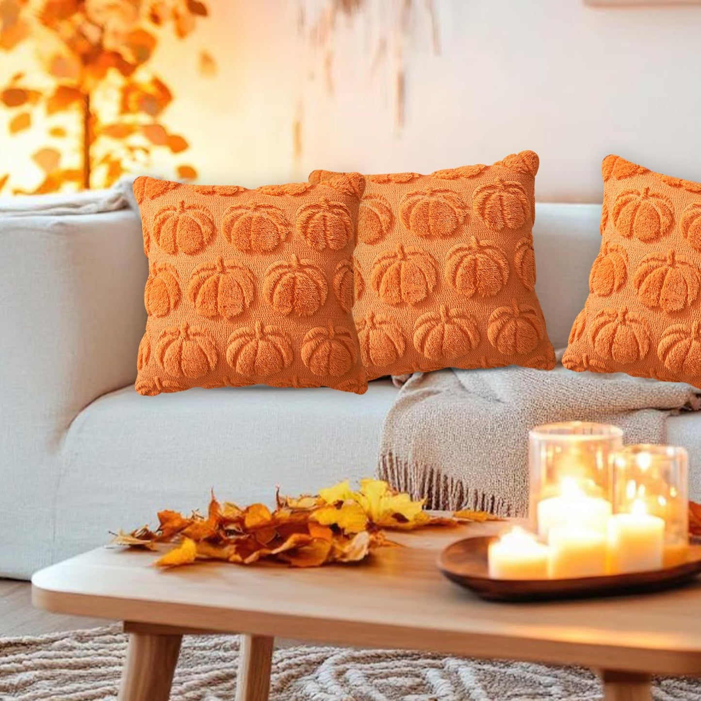 4 Pcs Fall Throw Pillow Covers 18x18, Autumn Decorations Soft Faux Fur Pillow Covers, Fluffy Plush Accent Pillow Cases for Harvest Thanksgiving Cushion Covers Sofa Home Decor(Pumpkin Orange A)