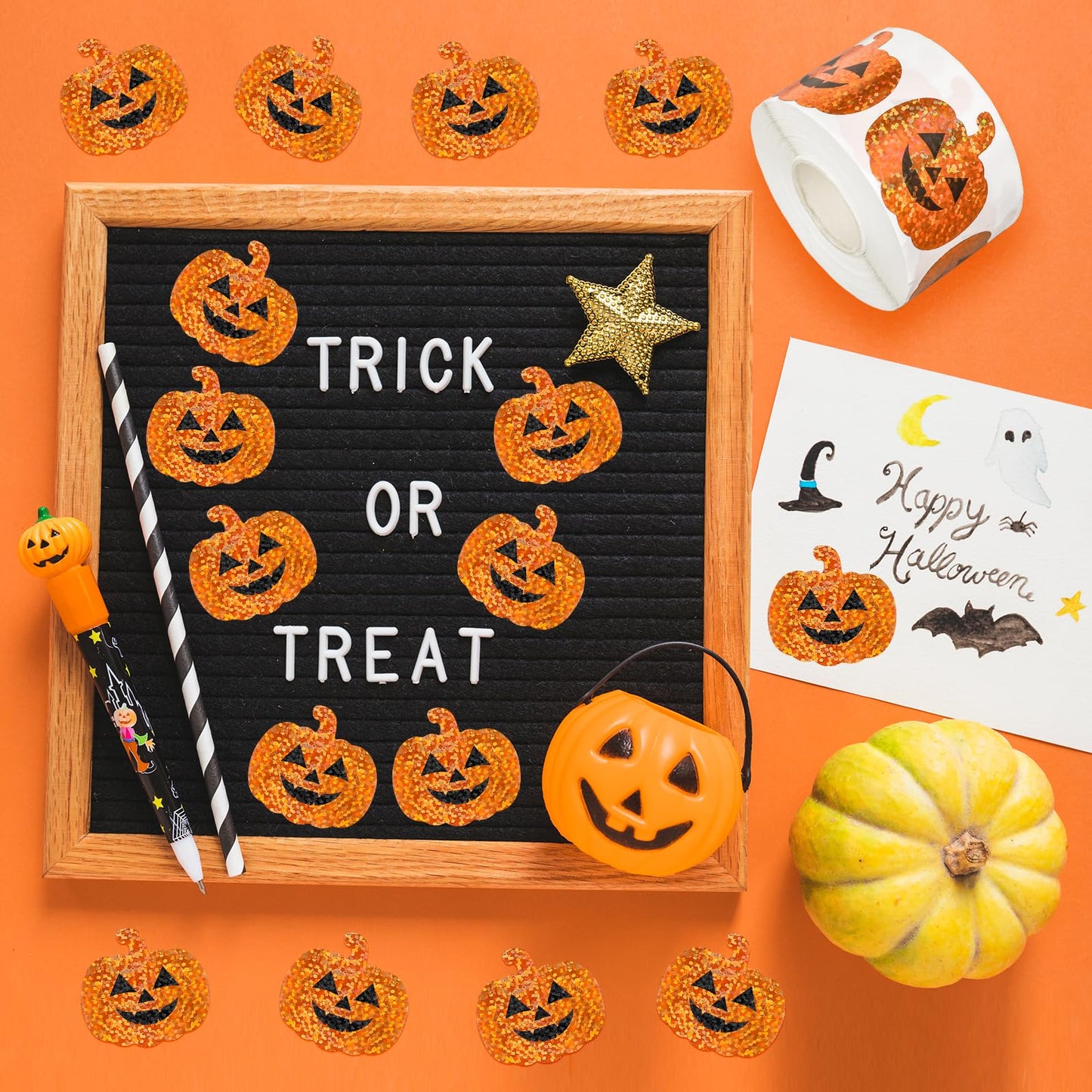 Whaline Halloween Pumpkin Stickers Roll Laser Pumpkin Shape Waterproof Decals Orange Sparkly Self-Adhesive Stickers for Halloween Party Envelope Scrapbook Decor, 500Pcs