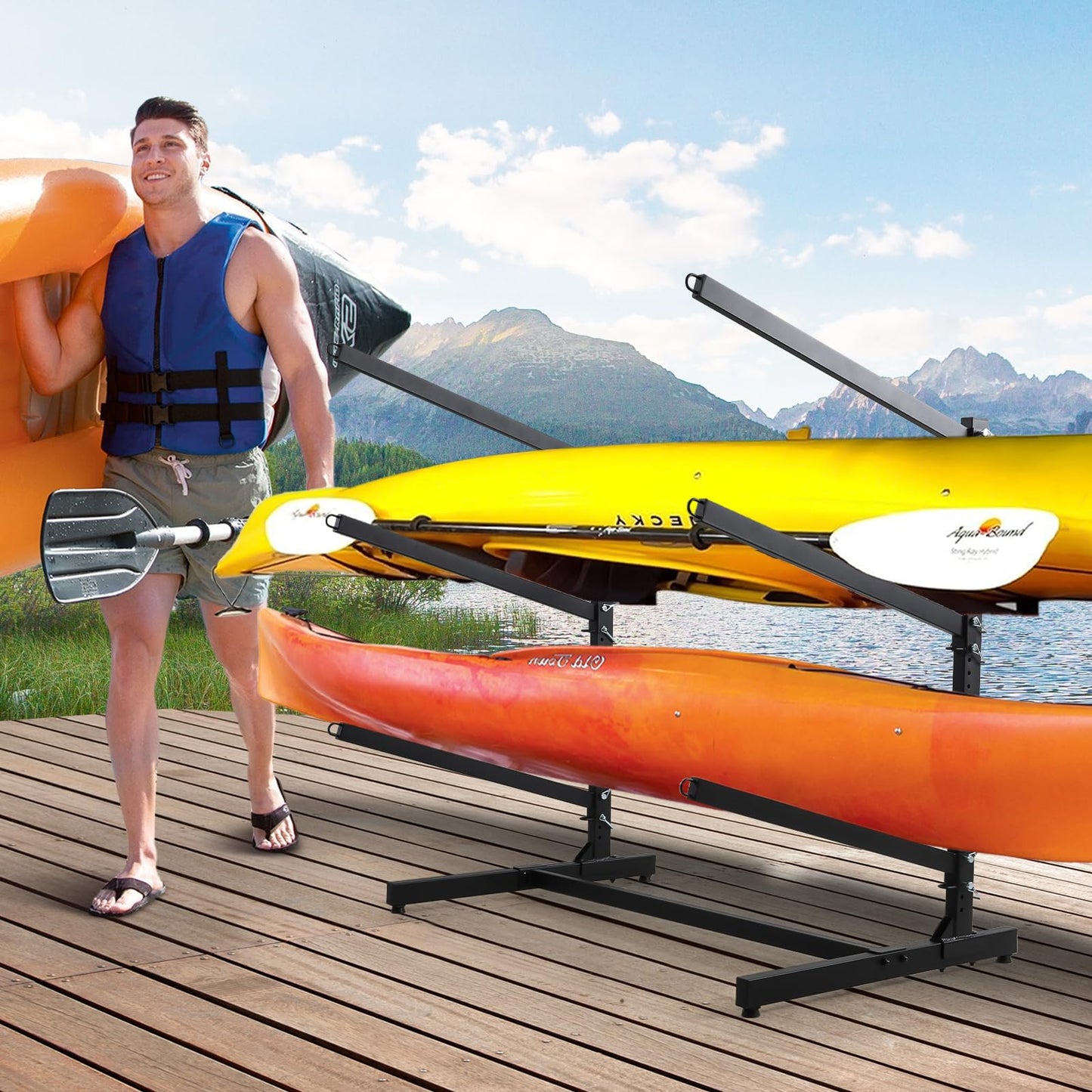 Danrelax Freestanding Kayak Storage Rack – Weatherproof, Holds Kayaks up to 46'' Length and 36'' Width, Adjustable Height 28''-42'' for Indoor Use