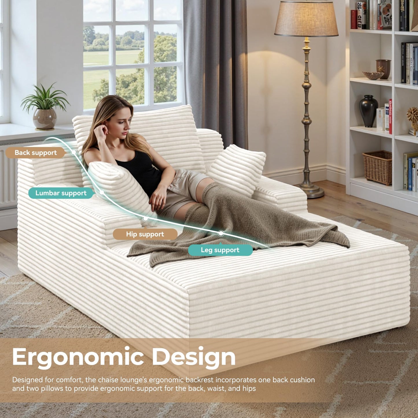 51'' Oversized Chaise Lounge Chair Indoor, Non-Assembly Deep Seat Sofa Bed Corduroy Sleeper Cloud Couch with 2pcs Pillows for Reading Living Room-Beige