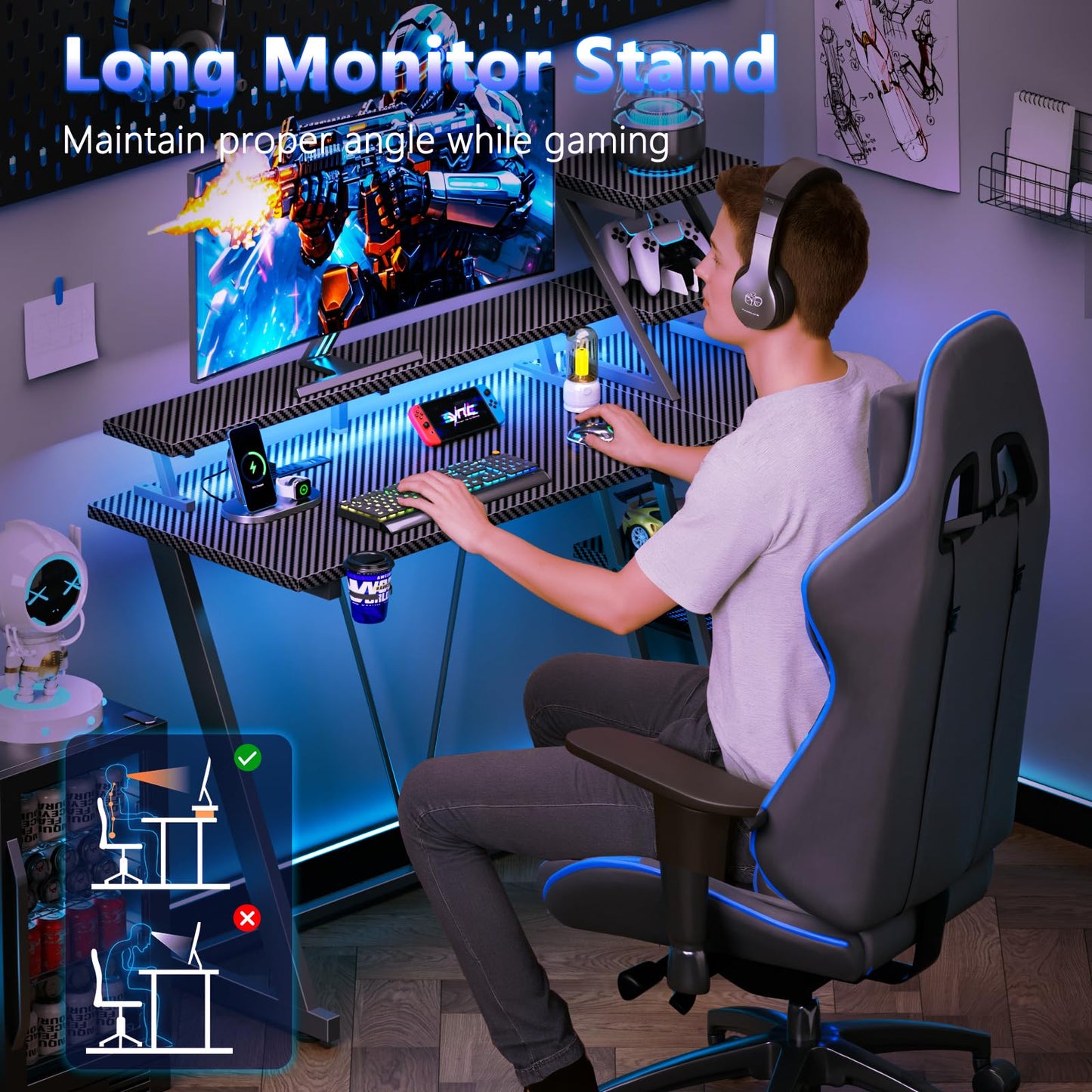 40 Inch Gaming Desk with LED Lights & Power Outlet, Small Gaming Computer Desk with Storage Shelves, L Shaped Gamer Workstations with Monitor Stand for Bedroom, Carbon Fiber Black