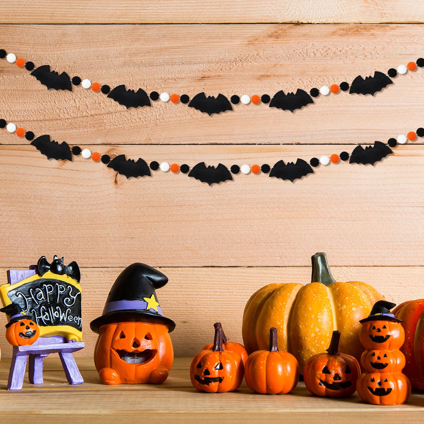 6.6Ft Halloween Felt Bats Banner Pre-Assembled 3D Bat Felt Hanging Garland Pompom Ball Bunting Banner Black White Orange Halloween Decor for Haunted Houses Doorways Home Mantel Decoration