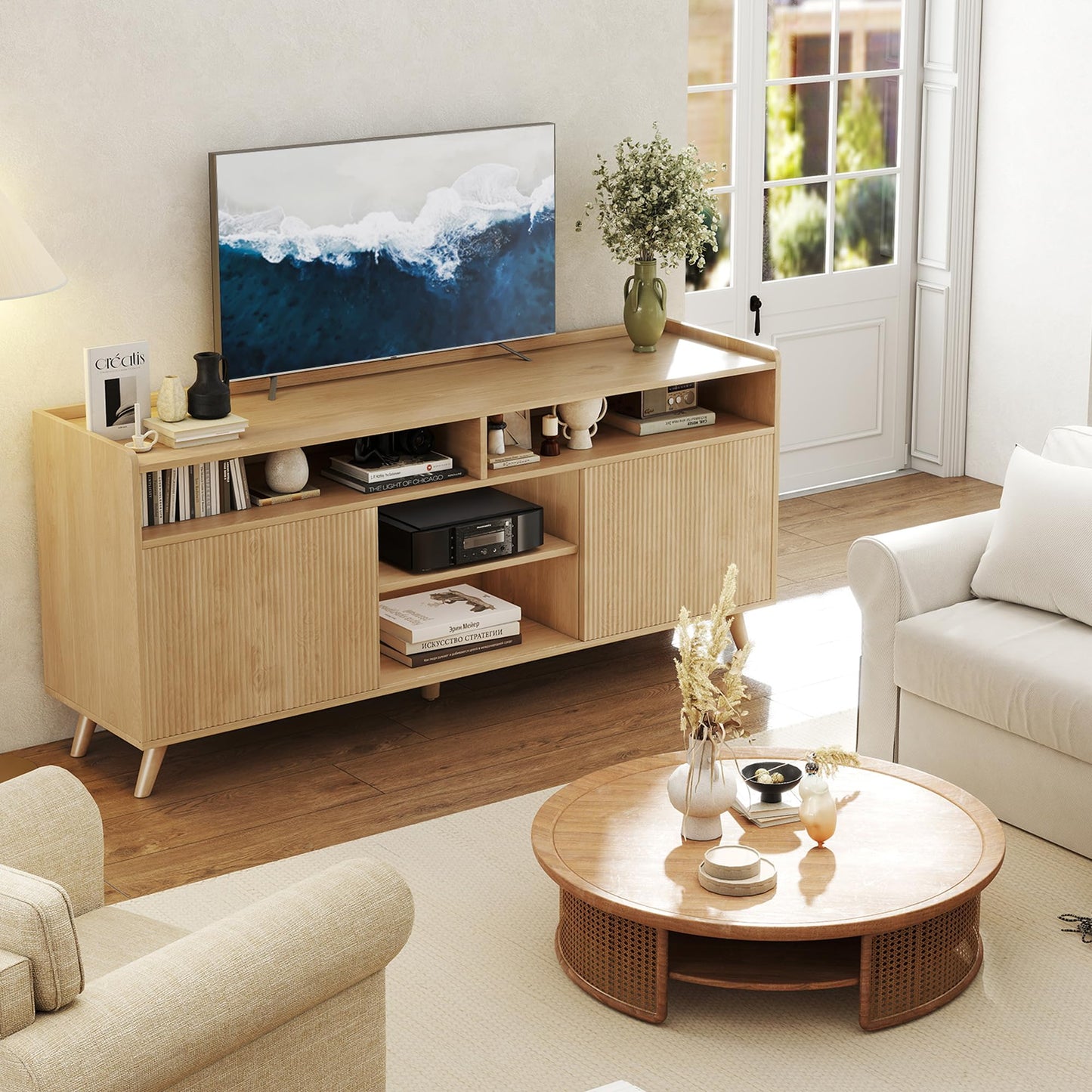 55'' TV Stand for 65 Inch, Fluted Modern TV Stands for Living Room with Sliding Doors and Adjustable Shelf, Entertainment Center with Storage Media TV Console Table for Bedroom (Natural Oak)