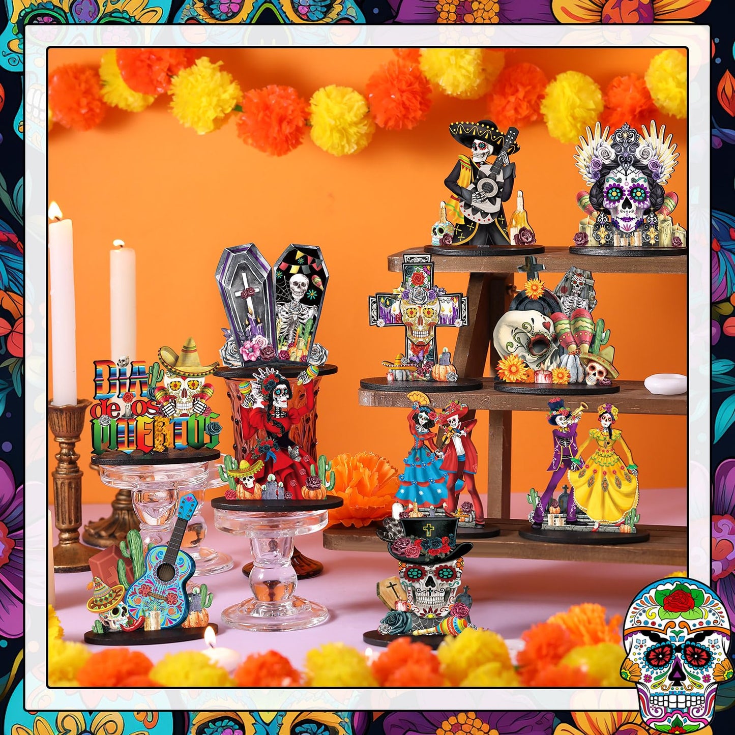 Wesiti 12 Pcs Day of The Dead Table Decorations Wooden Mexican Dia De Los Muertos Altar Centerpiece Halloween Sugar Skull Table Topper Decor Skeleton for Mexican Fiesta Tiered Tray Decor Party Favor