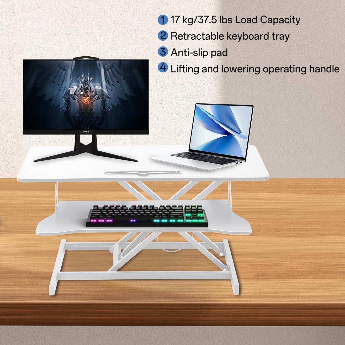 38-inch Standing Desk Converter Height Adjustable Sit to Stand Up Workstation, Duals Monitor and Laptop Riser with Wide Keyboard Tray, for Home, Schol, Company, White