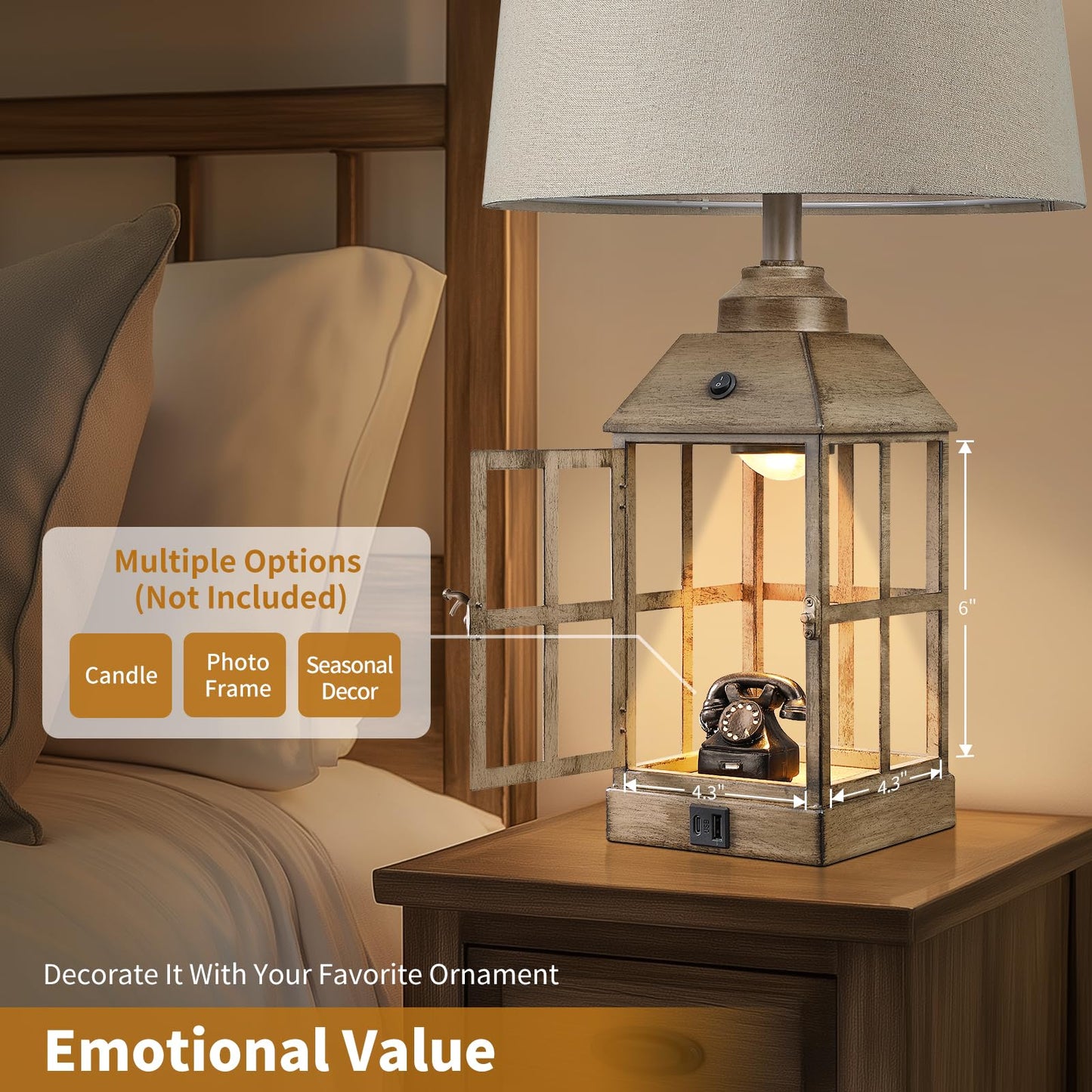 25" Farmhouse Table Lamps for Living Room, Table Lamps Set of 2 with USB Port and Nightlight, Rustic Table Lamp for Bedroom, Bedside Lamp for Nightstand, End Table, Home, LED Bulbs Included (Wood)