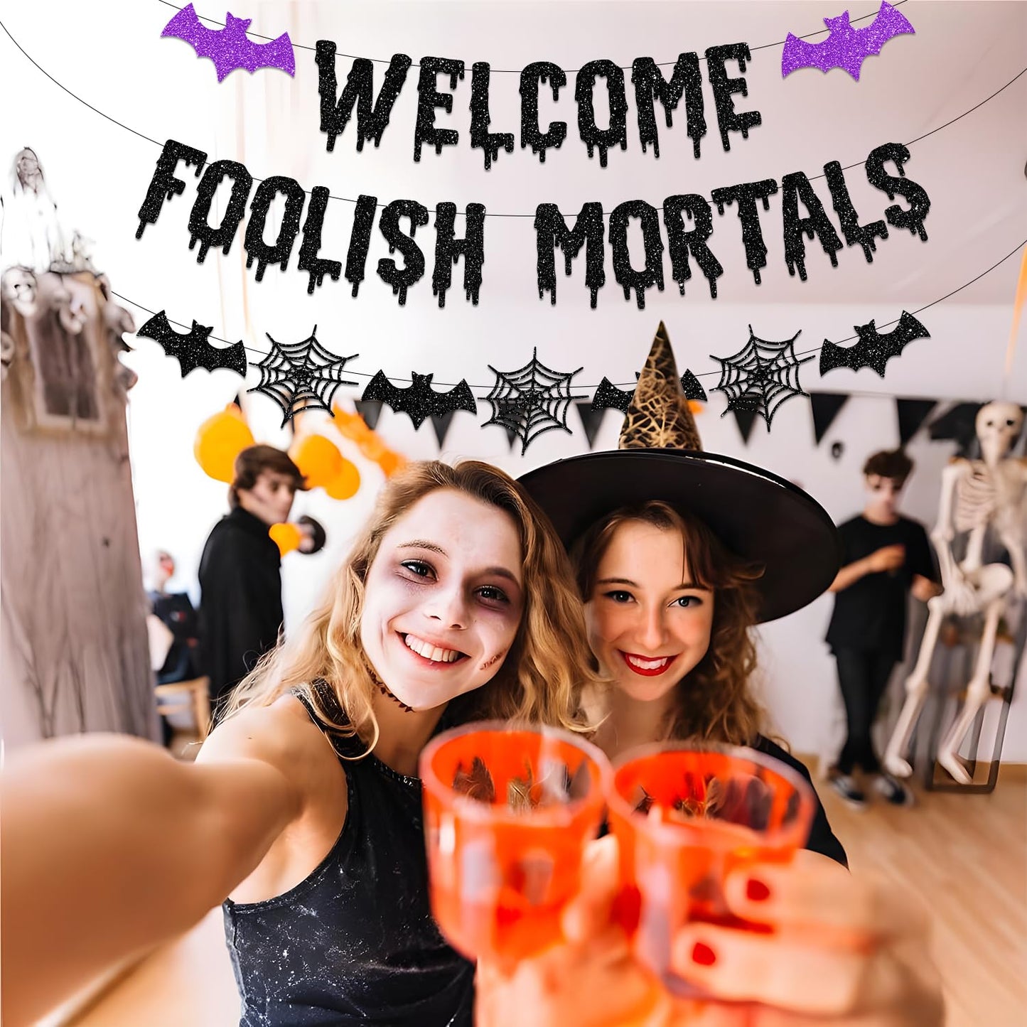 Welcome Foolish Mortals Halloween Banner Decorations Halloween Haunted Mansion Banner Wall Decorations with Bat and Spider for Halloween Party Decorations