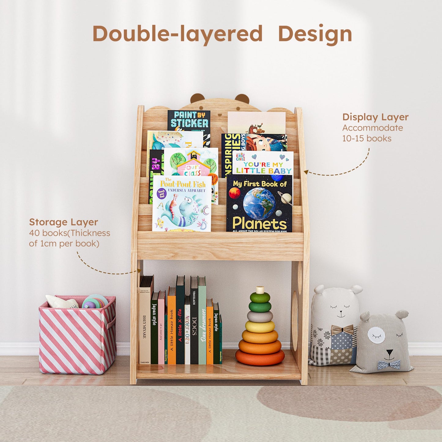 Woodtoe 5 Tier Montessori Bookshelf with Toy Storage, Large Toddler Bookshelf with Chalkboard, Baby Bookcase Book Display Shelve for Kids Bedroom, Nursery, Classroom, Kids Furniture for Boys Girls 1+
