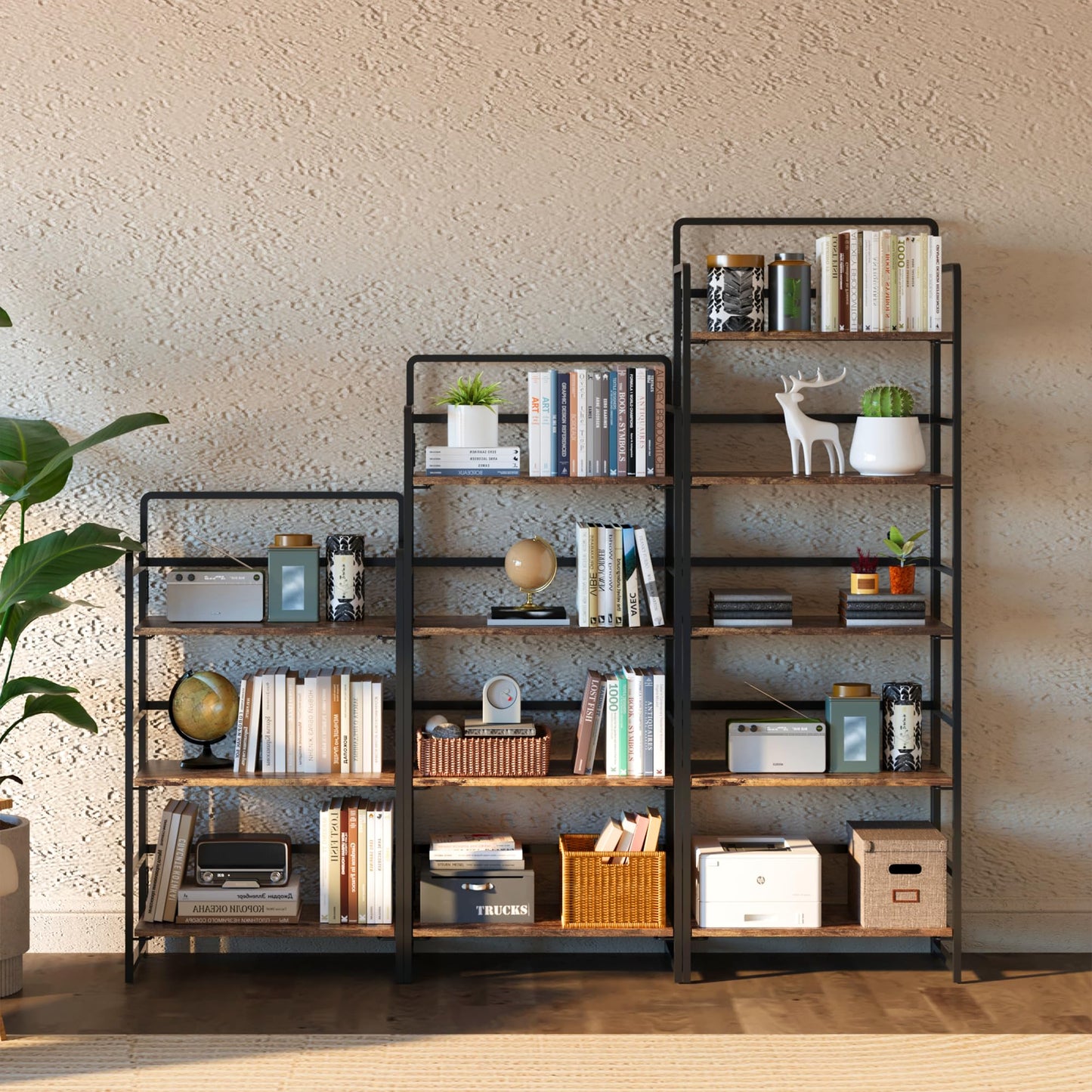 4NM No-Assembly 4 Tiers Folding Bookshelf Storage Shelves Vintage Bookcase Standing Racks Study Organizer Home Office (Rustic Brown and Black)