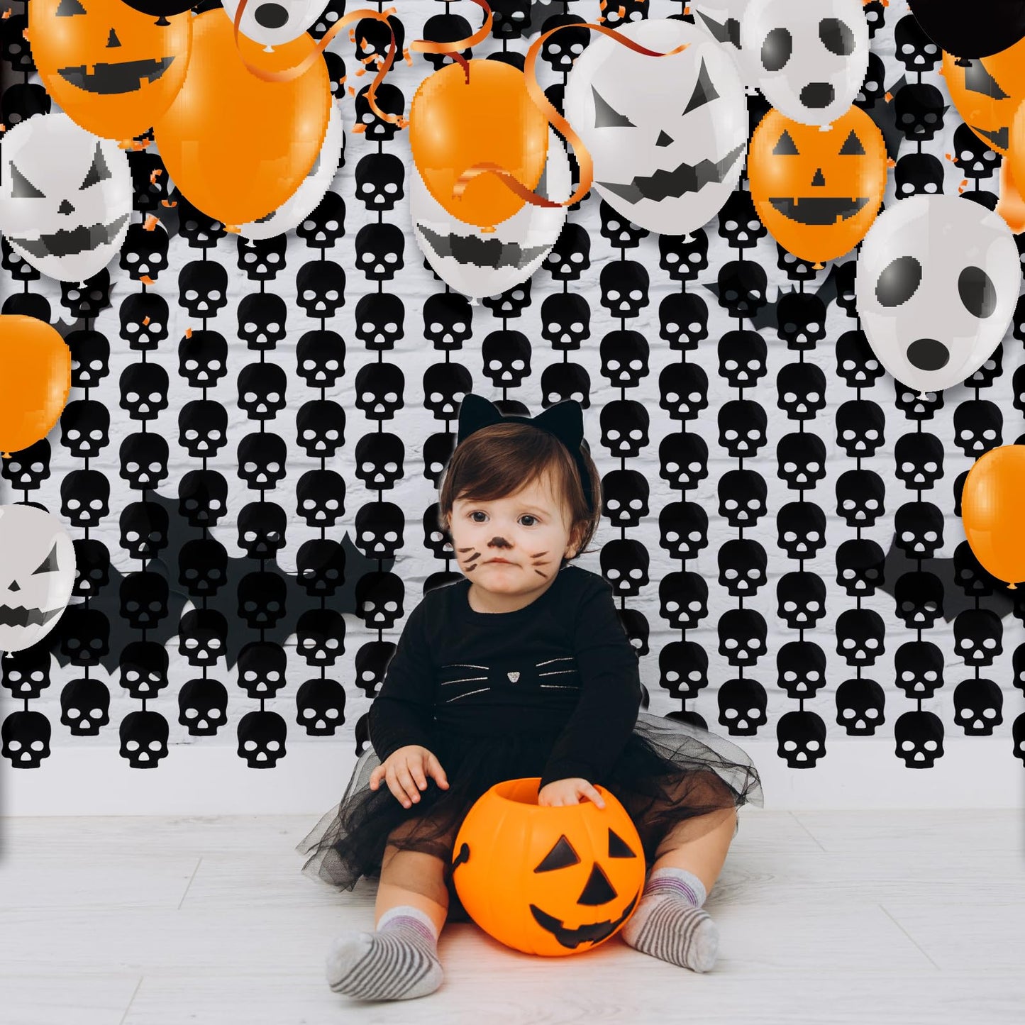 Whaline 2 Pack Halloween Foil Curtains Black Skull Head Fringe Curtains, 3.3x6.6Ft